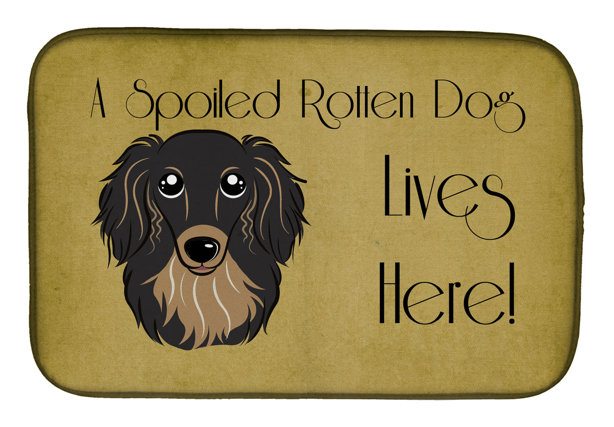 Longhair Black and Tan Dachshund Spoiled Dog Lives Here Dish Drying Mat BB1461DDM  the-store.com.