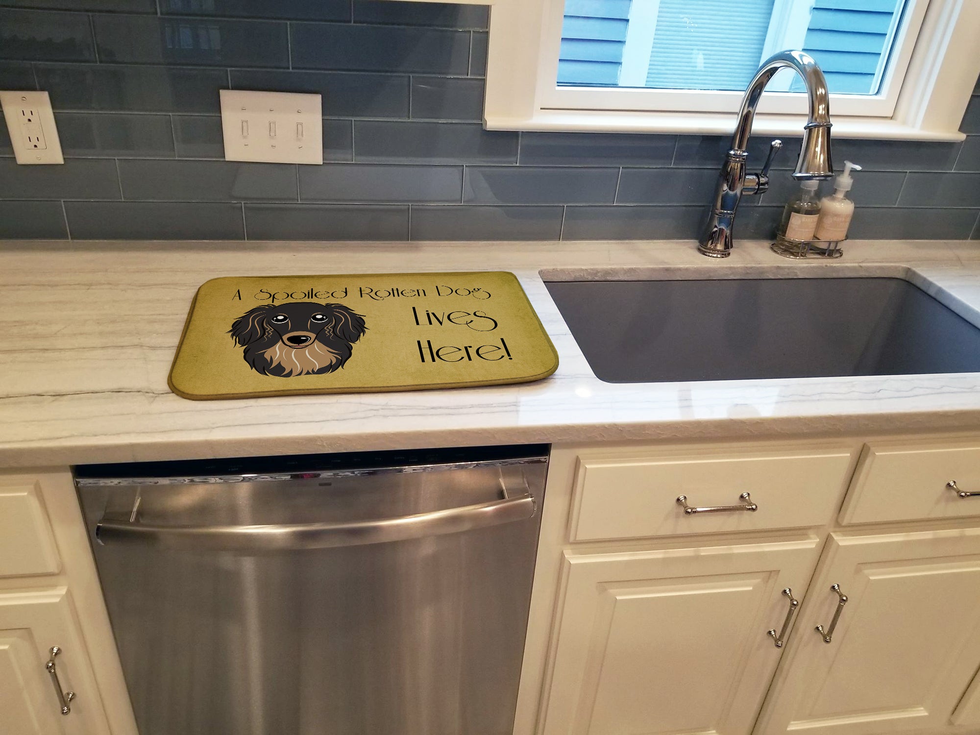 Longhair Black and Tan Dachshund Spoiled Dog Lives Here Dish Drying Mat BB1461DDM