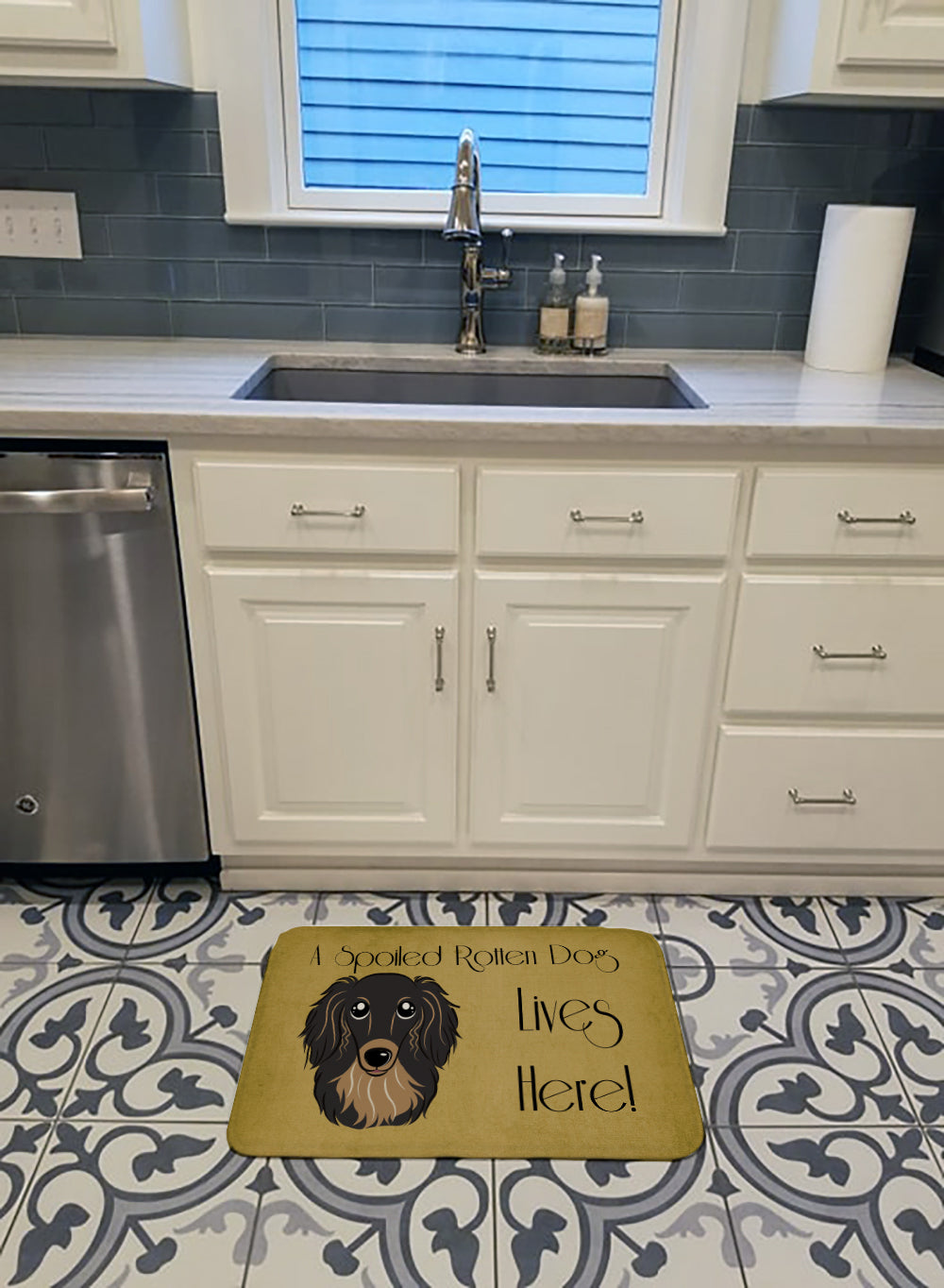 Longhair Black and Tan Dachshund Spoiled Dog Lives Here Machine Washable Memory Foam Mat BB1461RUG - the-store.com