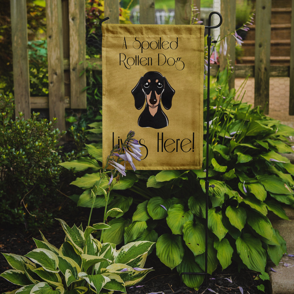 Smooth Black and Tan Dachshund Spoiled Dog Lives Here Flag Garden Size BB1463GF.