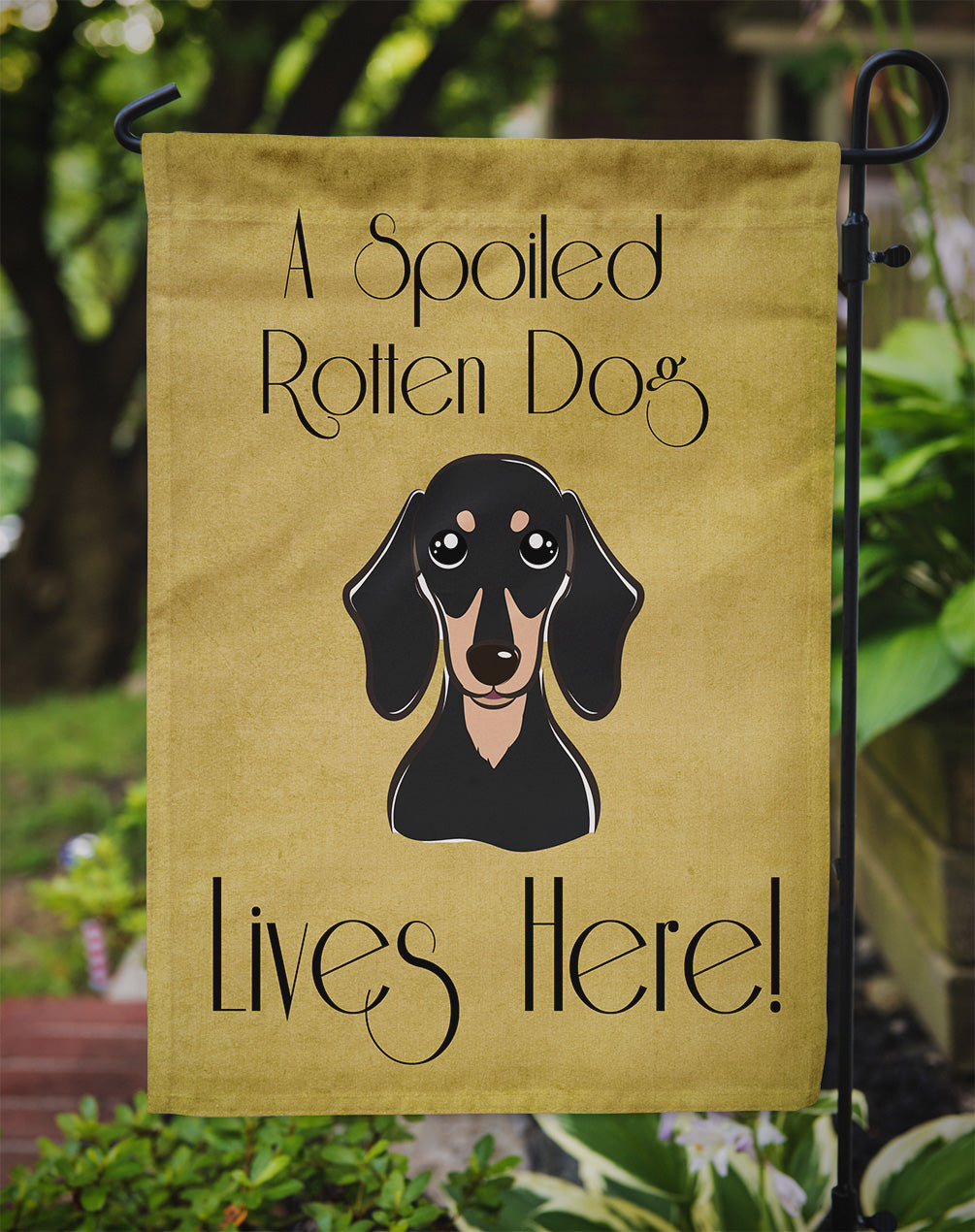 Smooth Black and Tan Dachshund Spoiled Dog Lives Here Flag Garden Size BB1463GF.