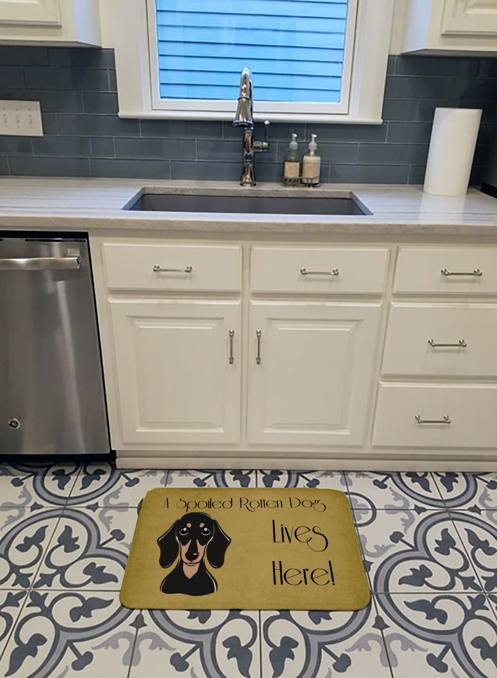 Smooth Black and Tan Dachshund Spoiled Dog Lives Here Machine Washable Memory Foam Mat BB1463RUG - the-store.com