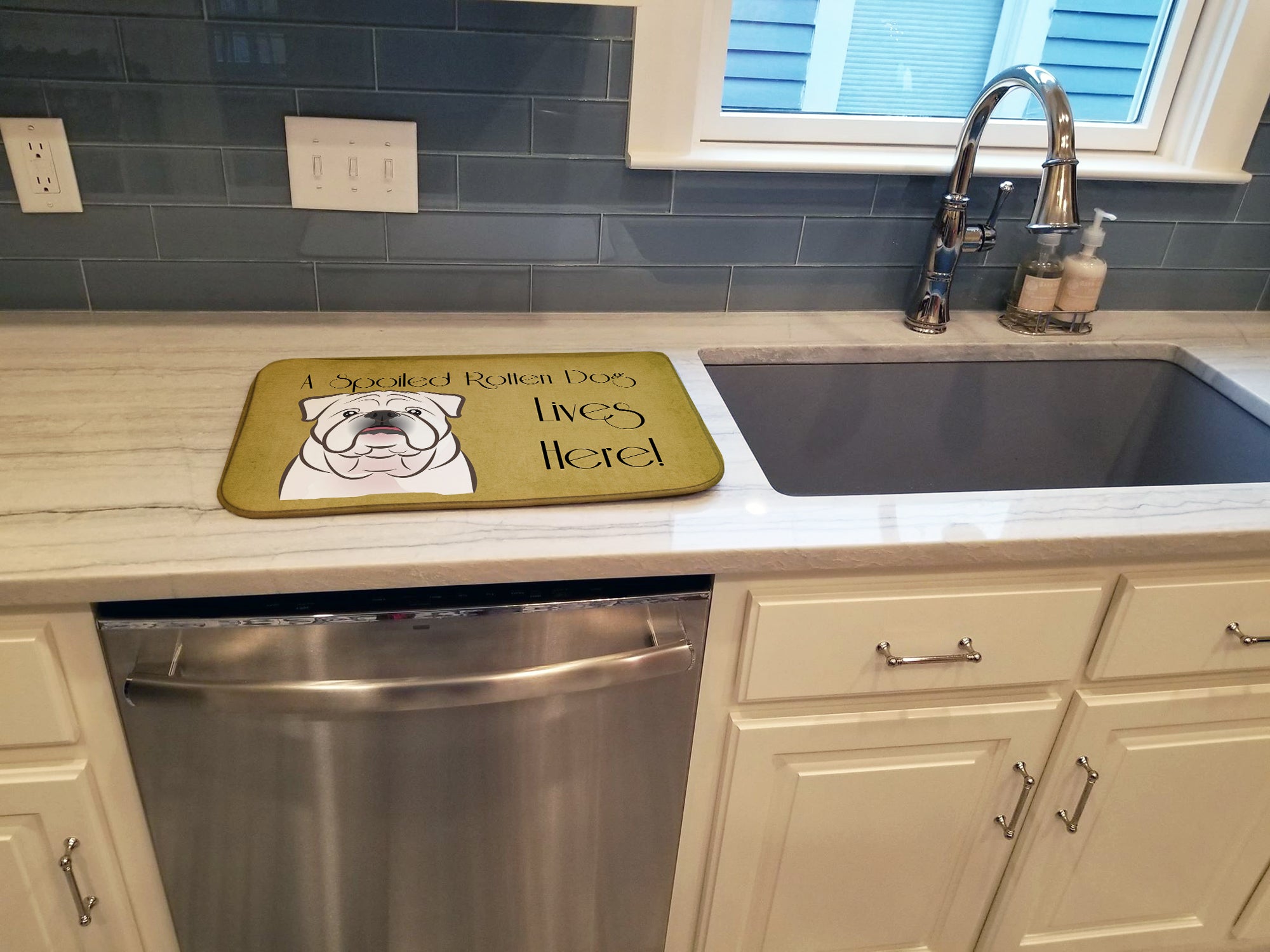 White English Bulldog  Spoiled Dog Lives Here Dish Drying Mat BB1468DDM