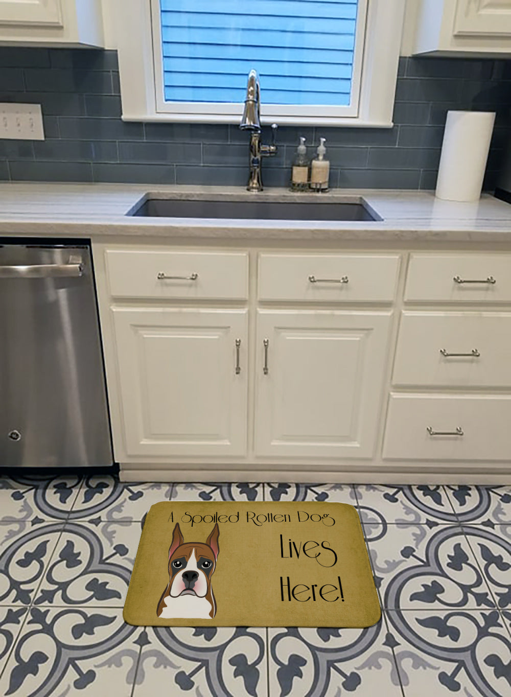 Boxer Spoiled Dog Lives Here Machine Washable Memory Foam Mat BB1471RUG - the-store.com