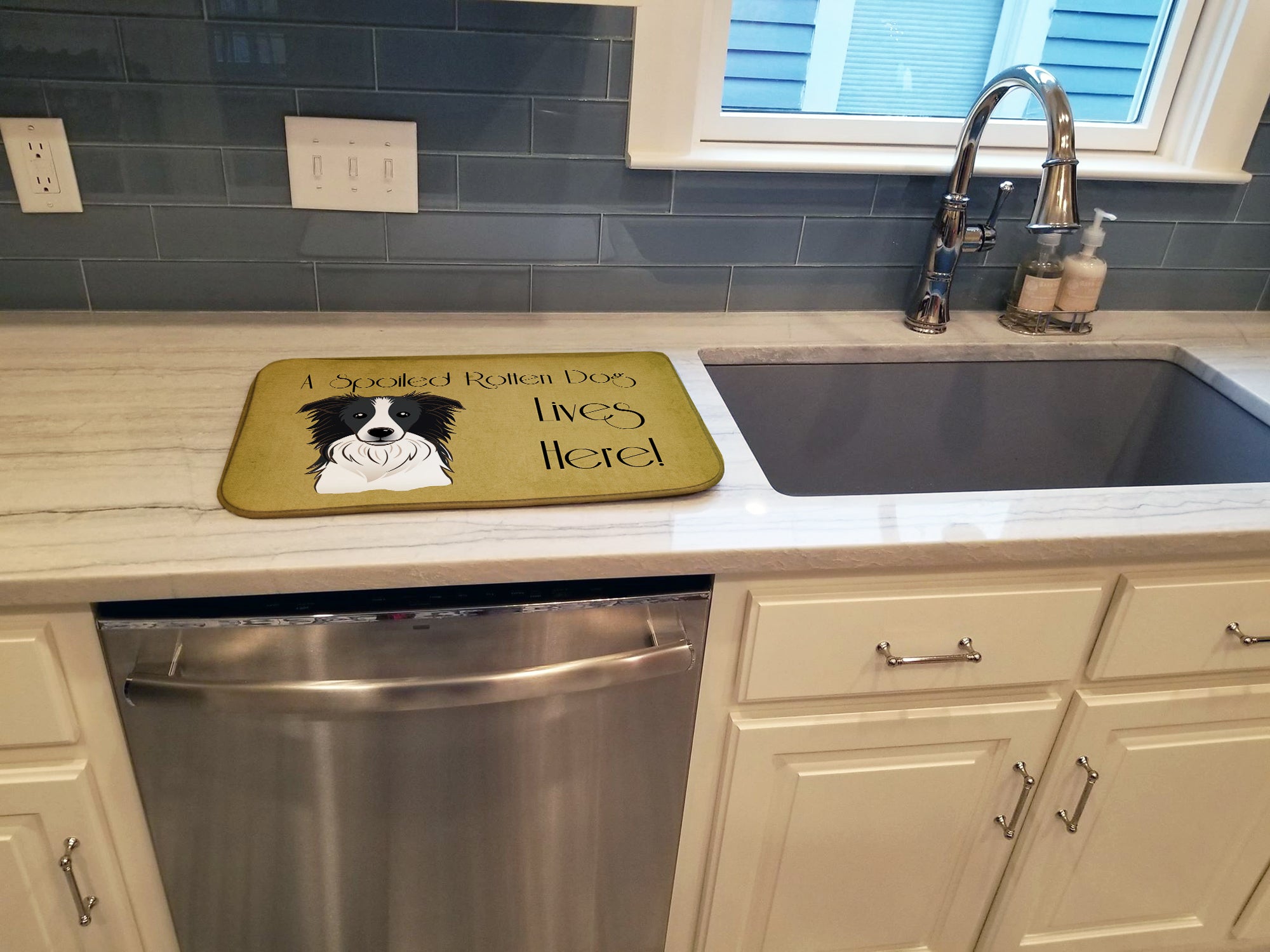 Border Collie Spoiled Dog Lives Here Dish Drying Mat BB1489DDM  the-store.com.