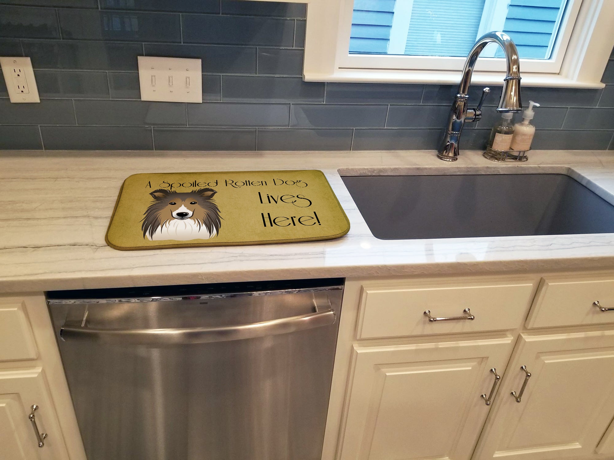 Sheltie Spoiled Dog Lives Here Dish Drying Mat BB1490DDM