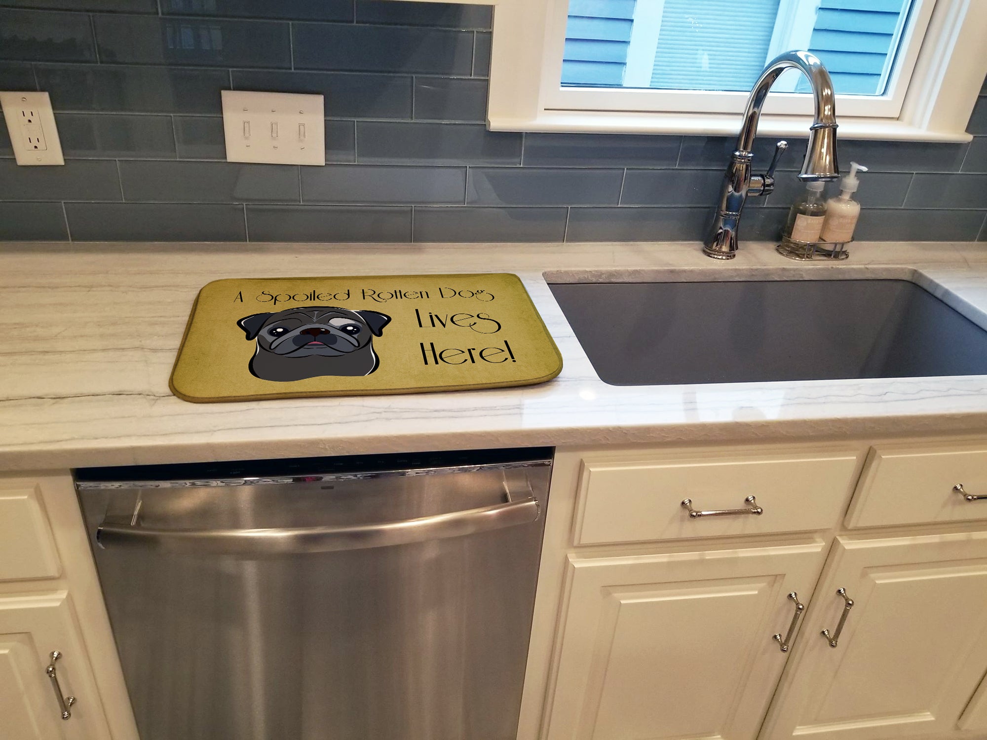 Black Pug Spoiled Dog Lives Here Dish Drying Mat BB1511DDM
