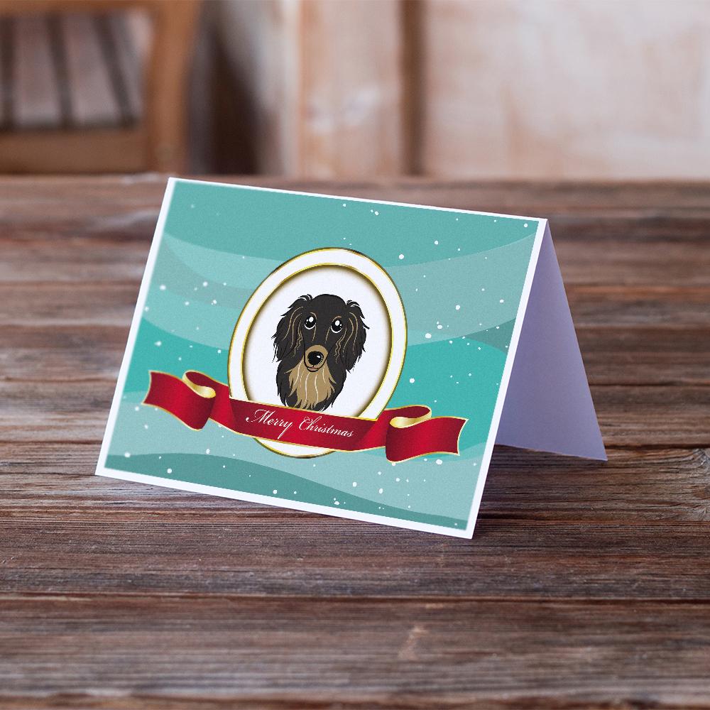 Longhair Black and Tan Dachshund Merry Christmas Greeting Cards and Envelopes Pack of 8 - the-store.com