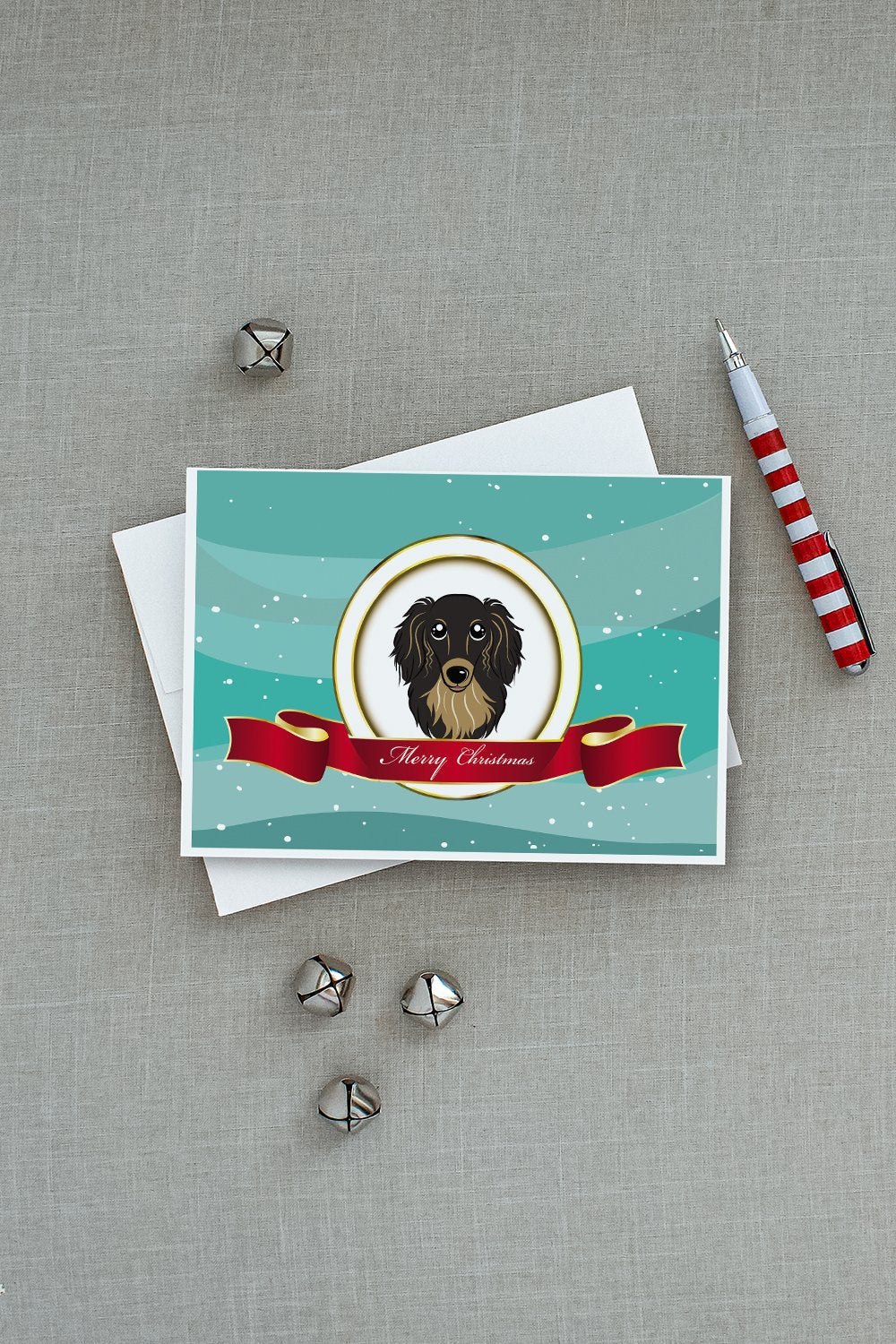 Longhair Black and Tan Dachshund Merry Christmas Greeting Cards and Envelopes Pack of 8 - the-store.com