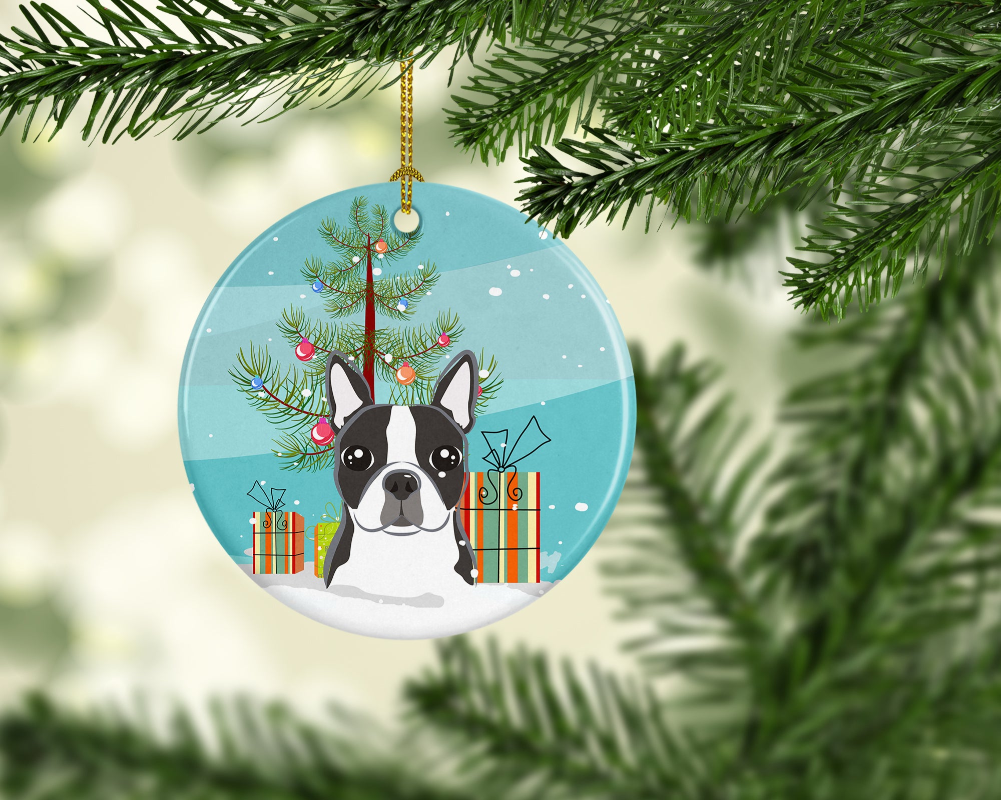 Christmas Tree and Boston Terrier Ceramic Ornament BB1575CO1 - the-store.com