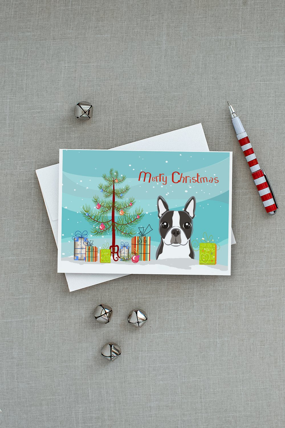 Christmas Tree and Boston Terrier Greeting Cards and Envelopes Pack of 8 - the-store.com