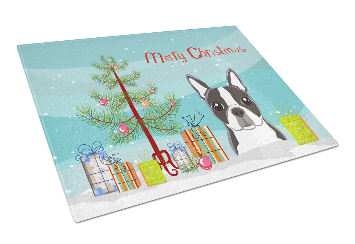 Christmas Tree and Boston Terrier Glass Cutting Board Large BB1575LCB by Caroline&#39;s Treasures