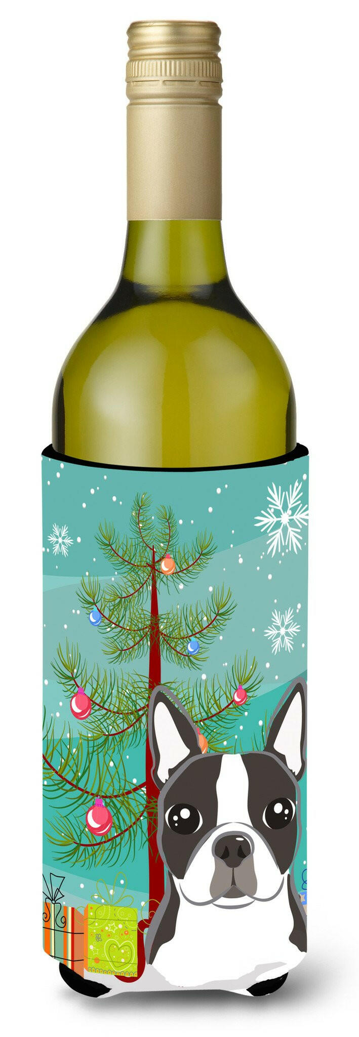 Christmas Tree and Boston Terrier Wine Bottle Beverage Insulator Hugger BB1575LITERK by Caroline&#39;s Treasures