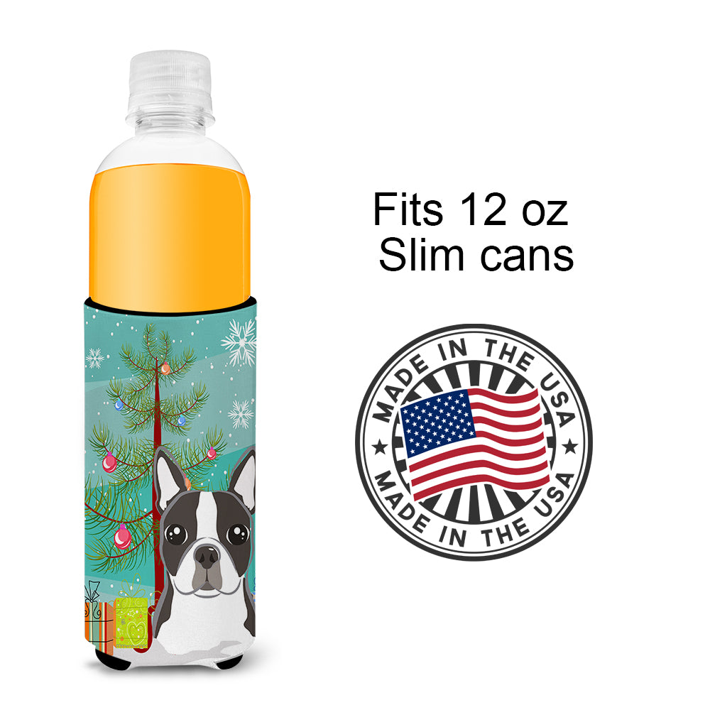 Christmas Tree and Boston Terrier Ultra Beverage Insulators for slim cans BB1575MUK  the-store.com.