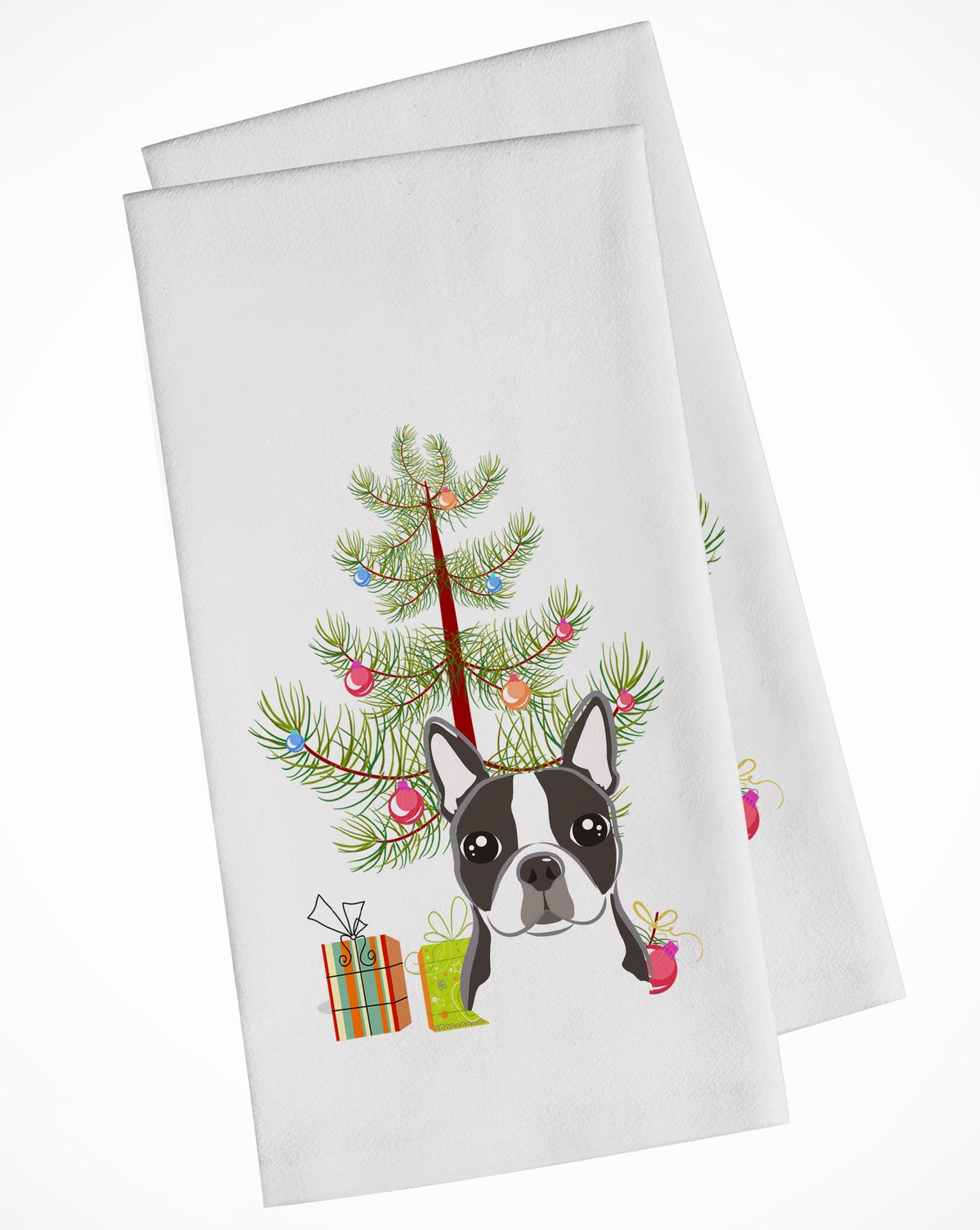 Christmas Tree and Boston Terrier White Kitchen Towel Set of 2 BB1575WTKT by Caroline&#39;s Treasures