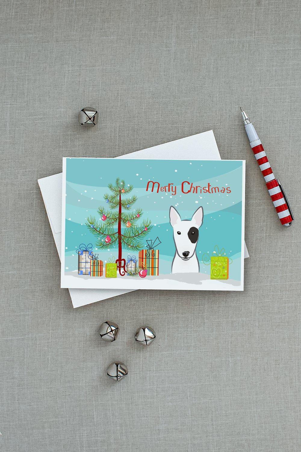 Christmas Tree and Bull Terrier Greeting Cards and Envelopes Pack of 8 - the-store.com