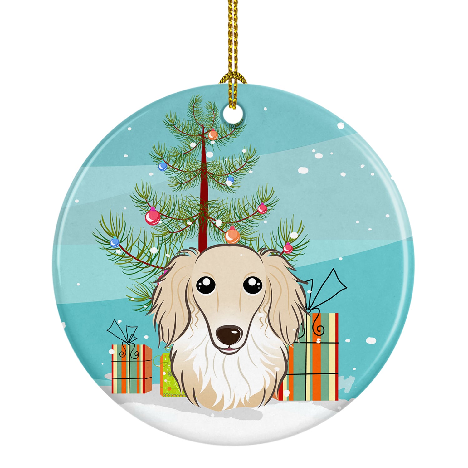 Christmas Tree and Longhair Creme Dachshund Ceramic Ornament BB1584CO1 - the-store.com