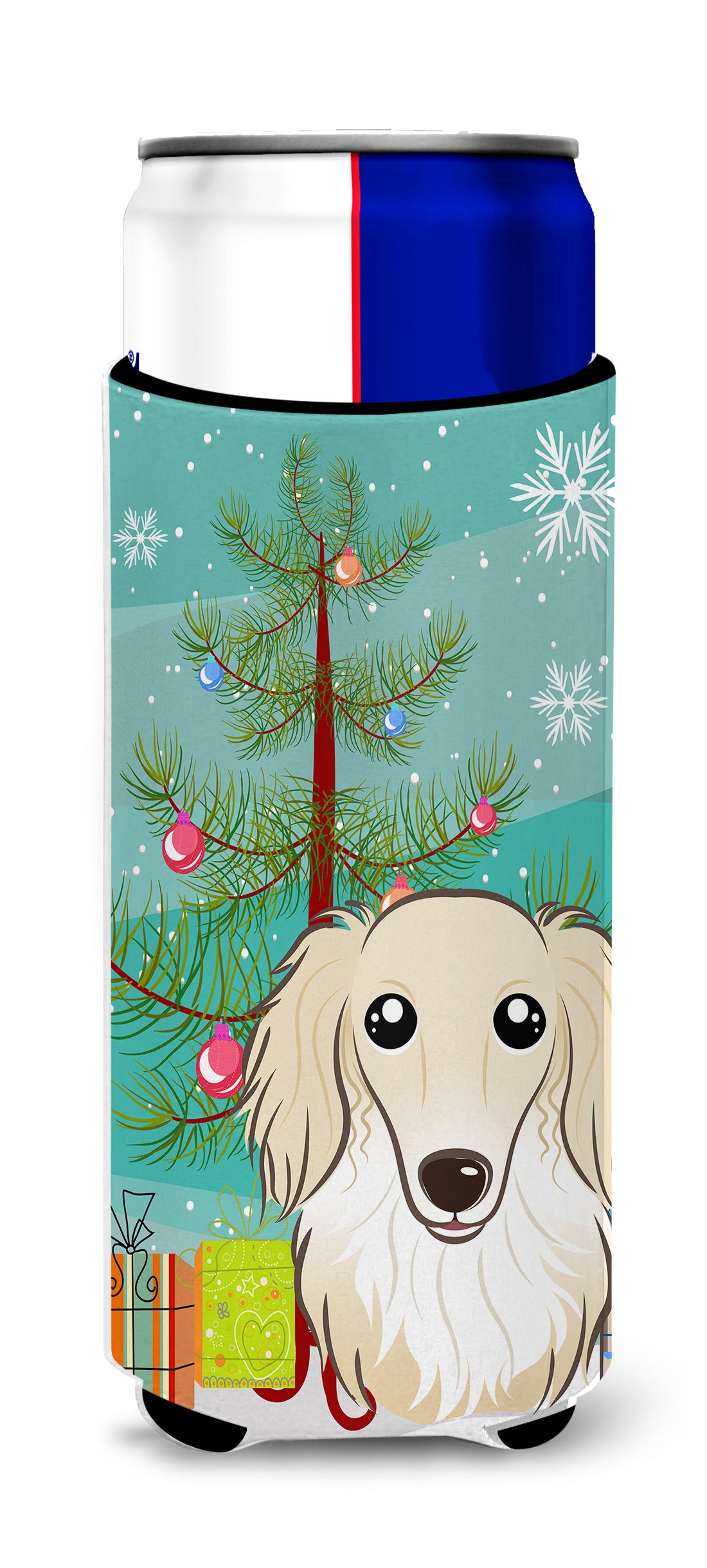 Christmas Tree and Longhair Creme Dachshund Ultra Beverage Insulators for slim cans BB1584MUK  the-store.com.