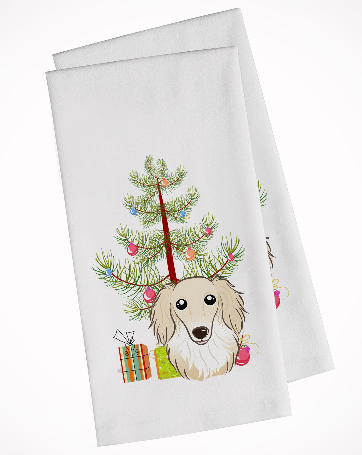 Christmas Tree and Longhair Creme Dachshund White Kitchen Towel Set of 2 BB1584WTKT by Caroline&#39;s Treasures