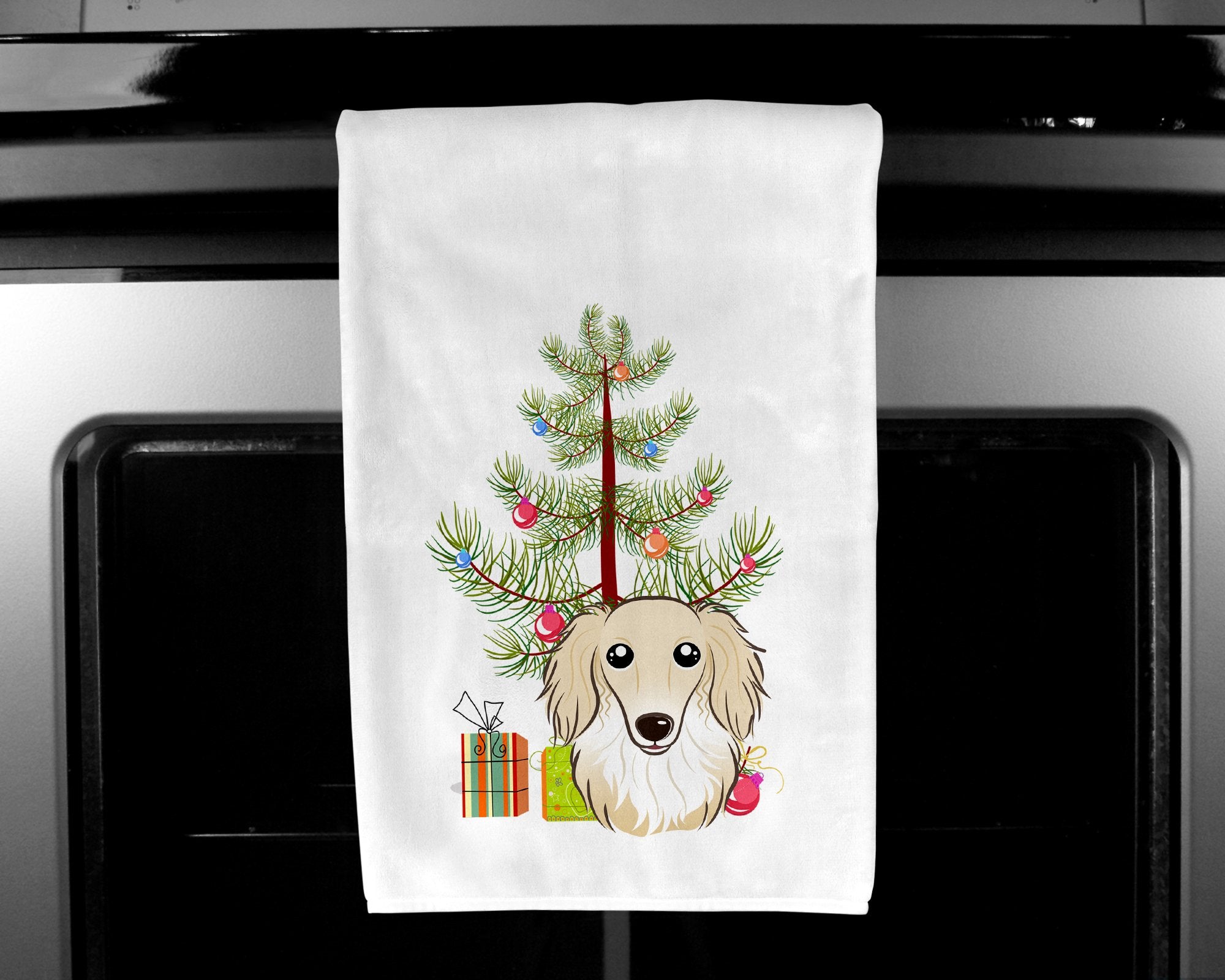 Christmas Tree and Longhair Creme Dachshund White Kitchen Towel Set of 2 BB1584WTKT by Caroline's Treasures