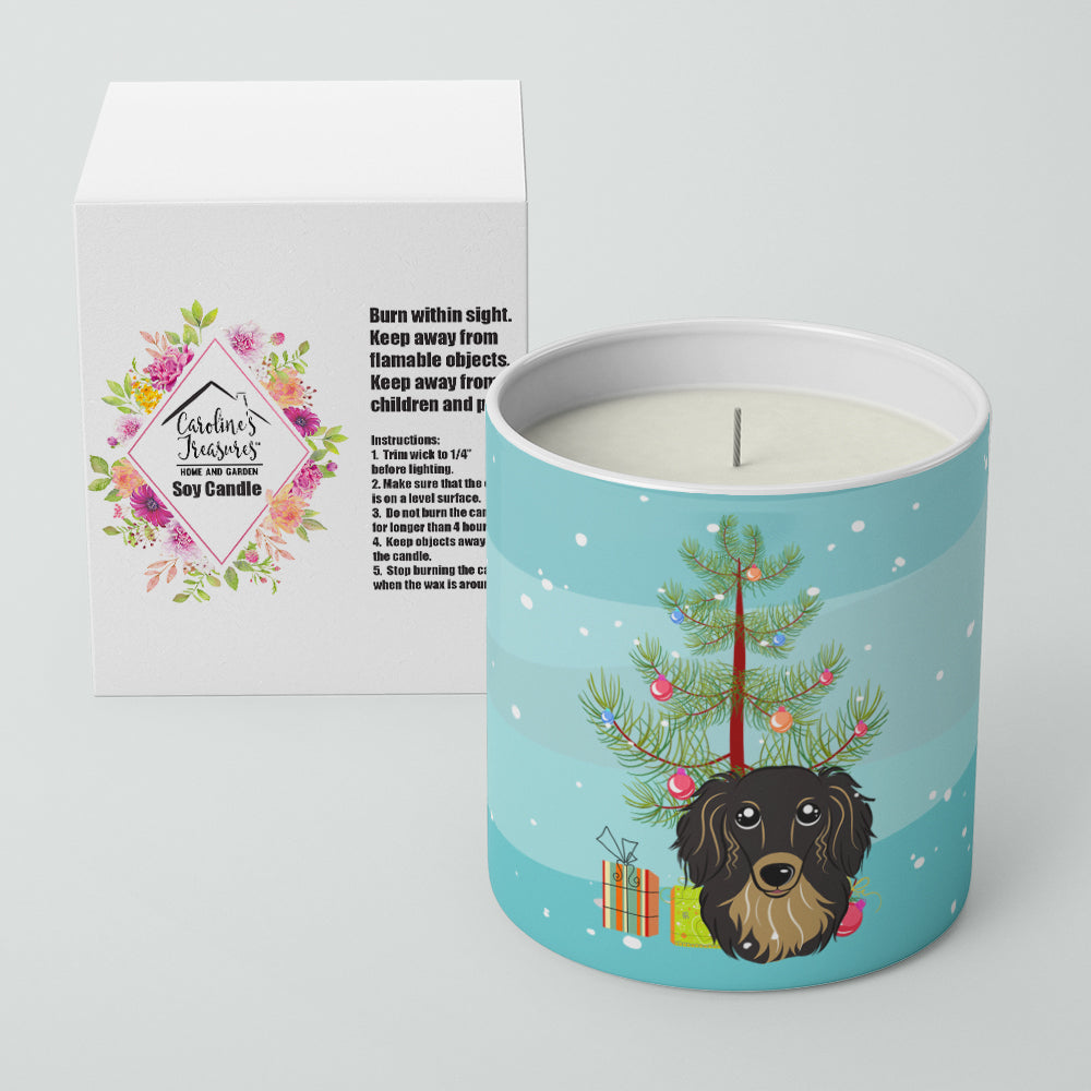 Christmas Tree and Longhair Black and Tan Dachshund 10 oz Decorative Soy Candle - the-store.com