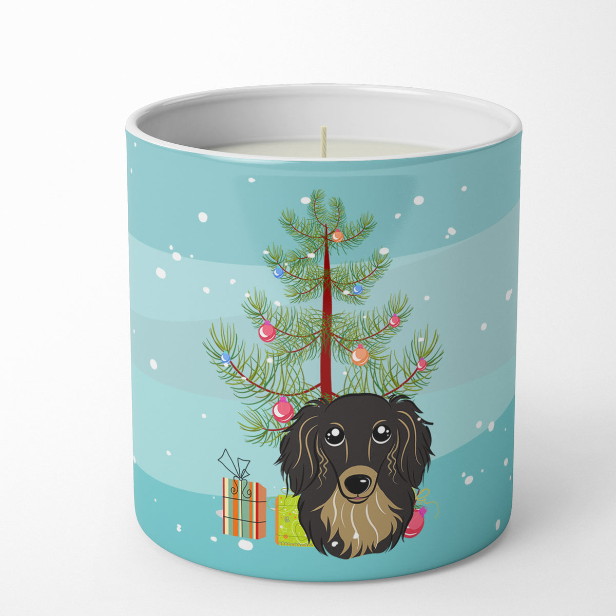 Buy this Christmas Tree and Longhair Black and Tan Dachshund 10 oz Decorative Soy Candle