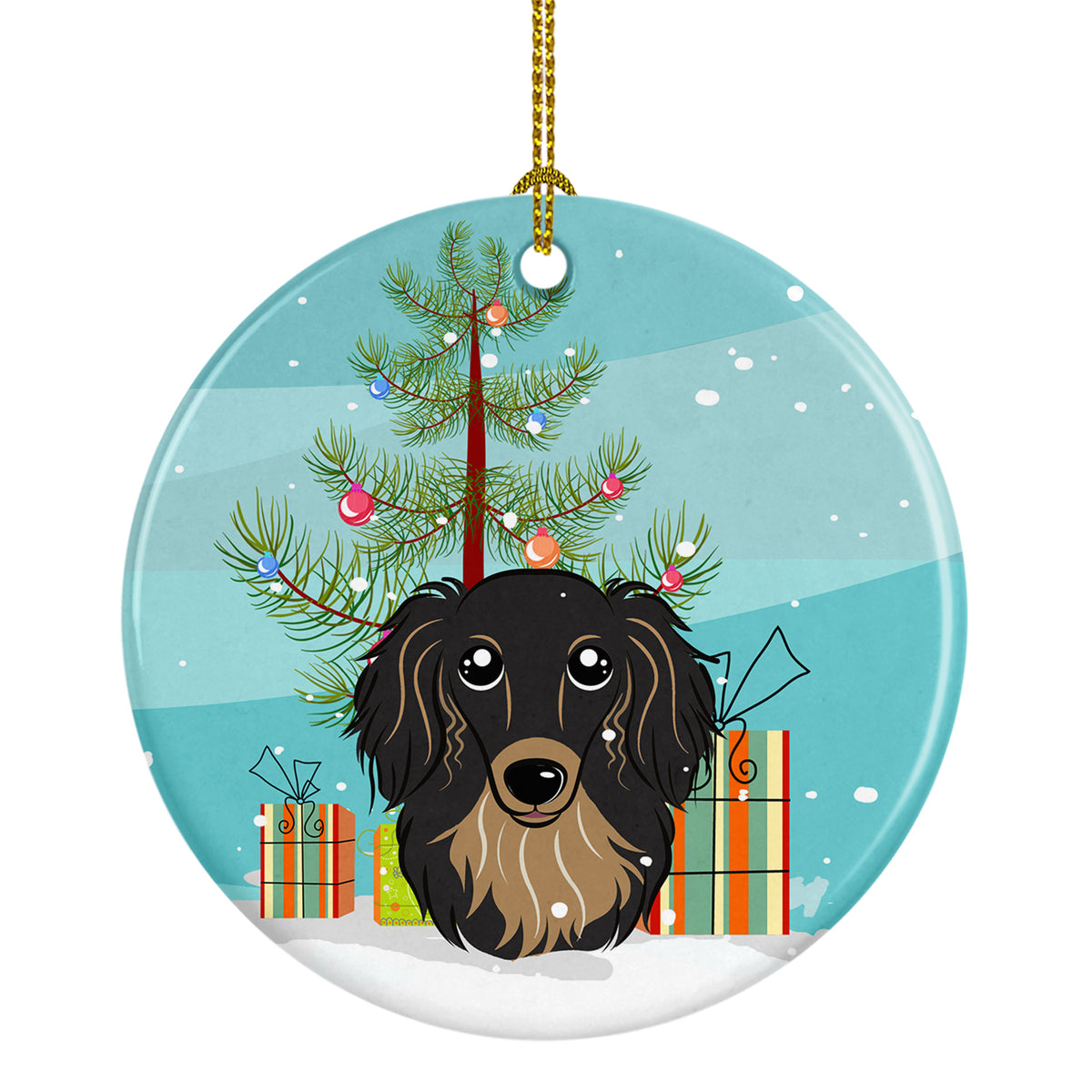 Christmas Tree and Longhair Black and Tan Dachshund Ceramic Ornament BB1585CO1 - the-store.com
