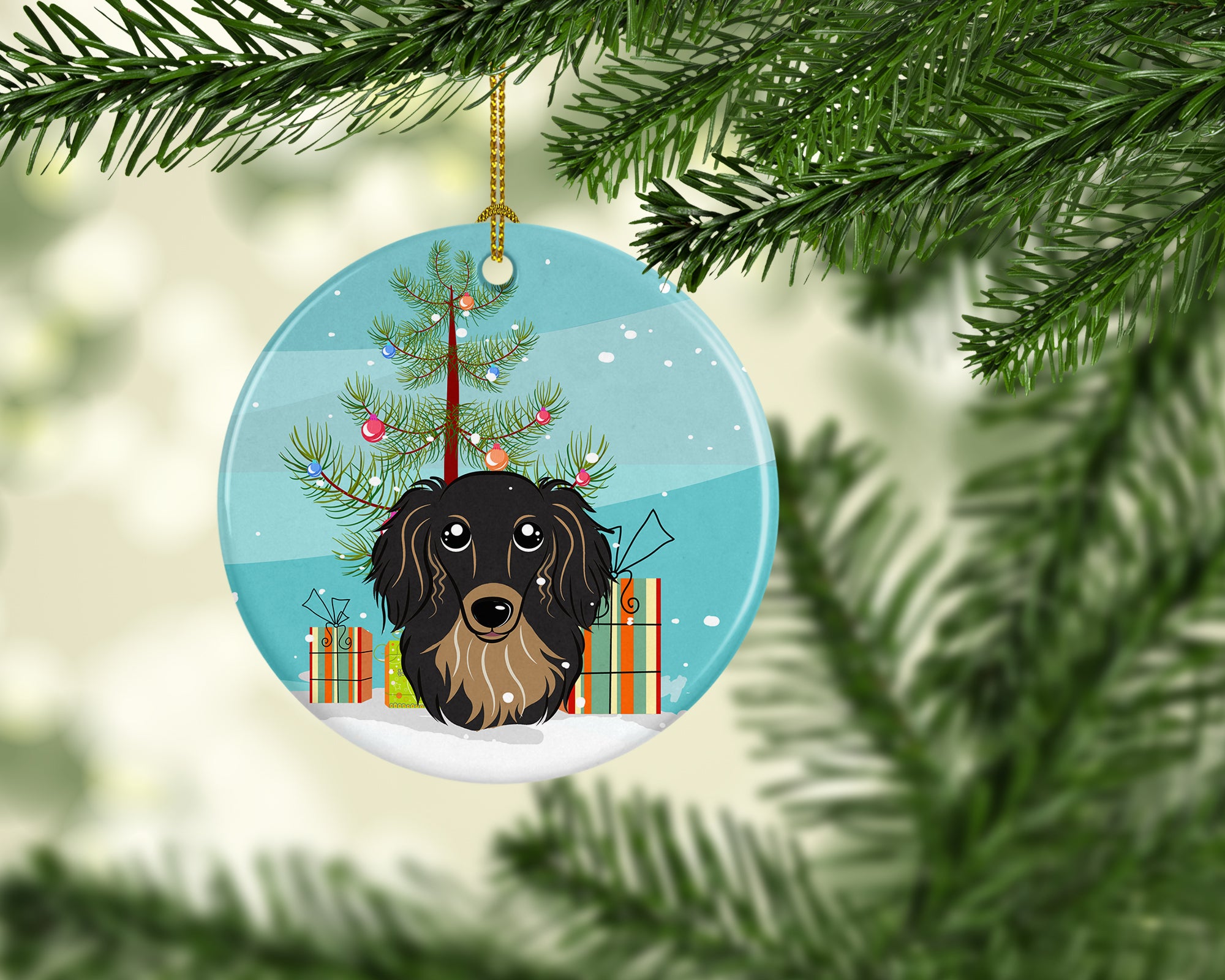Christmas Tree and Longhair Black and Tan Dachshund Ceramic Ornament BB1585CO1 - the-store.com