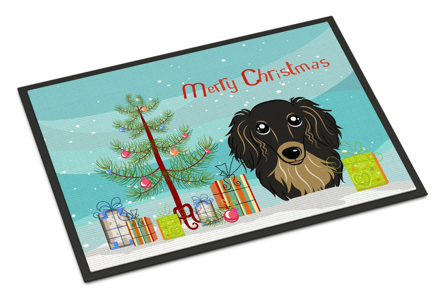 Christmas Tree and Longhair Black and Tan Dachshund Indoor or Outdoor Mat 24x36 BB1585JMAT - the-store.com