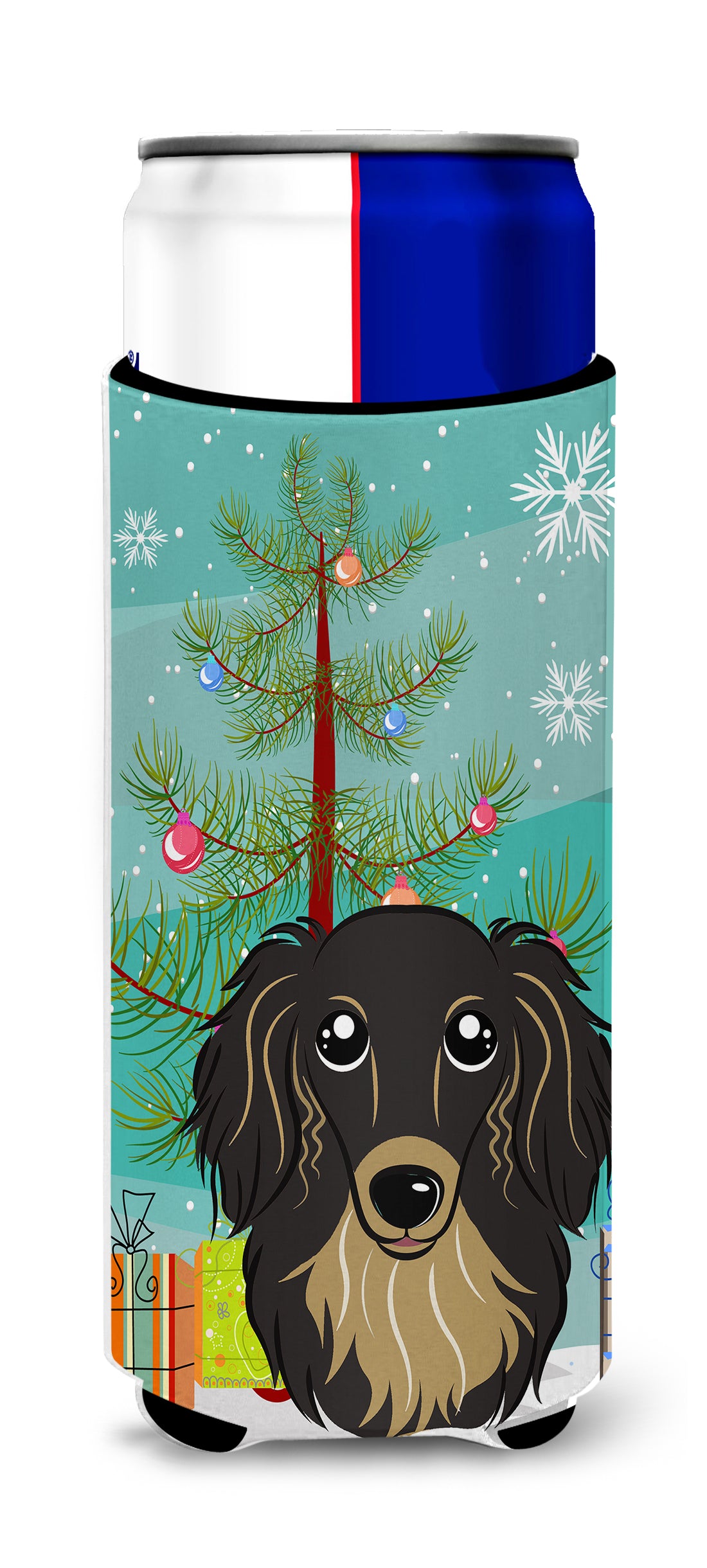 Christmas Tree and Longhair Black and Tan Dachshund Ultra Beverage Insulators for slim cans BB1585MUK  the-store.com.