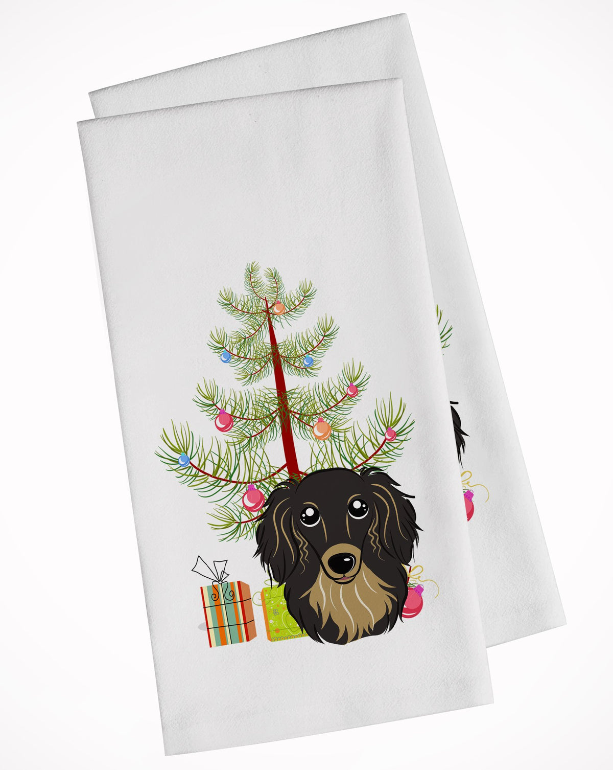 Christmas Tree and Longhair Black and Tan Dachshund White Kitchen Towel Set of 2 BB1585WTKT by Caroline&#39;s Treasures