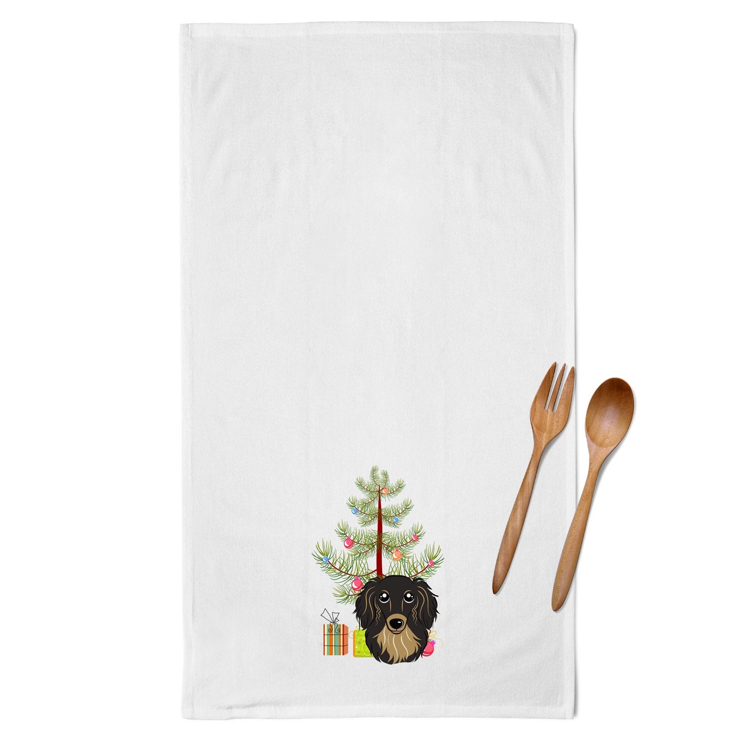 Christmas Tree and Longhair Black and Tan Dachshund White Kitchen Towel Set of 2 BB1585WTKT by Caroline's Treasures