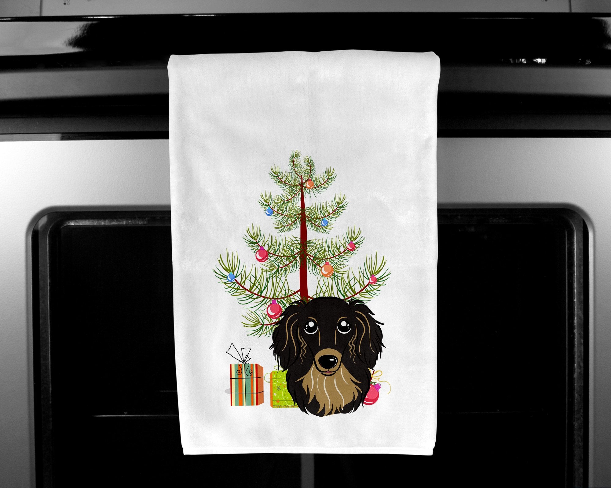 Christmas Tree and Longhair Black and Tan Dachshund White Kitchen Towel Set of 2 BB1585WTKT by Caroline's Treasures