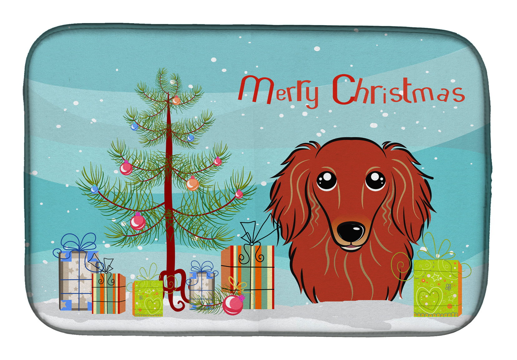 Christmas Tree and Longhair Red Dachshund Dish Drying Mat BB1586DDM  the-store.com.