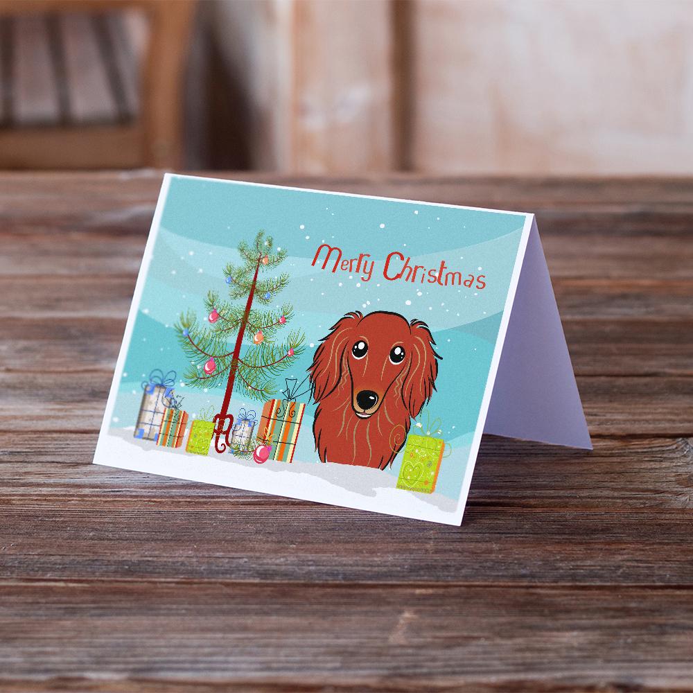 Christmas Tree and Longhair Red Dachshund Greeting Cards and Envelopes Pack of 8 - the-store.com