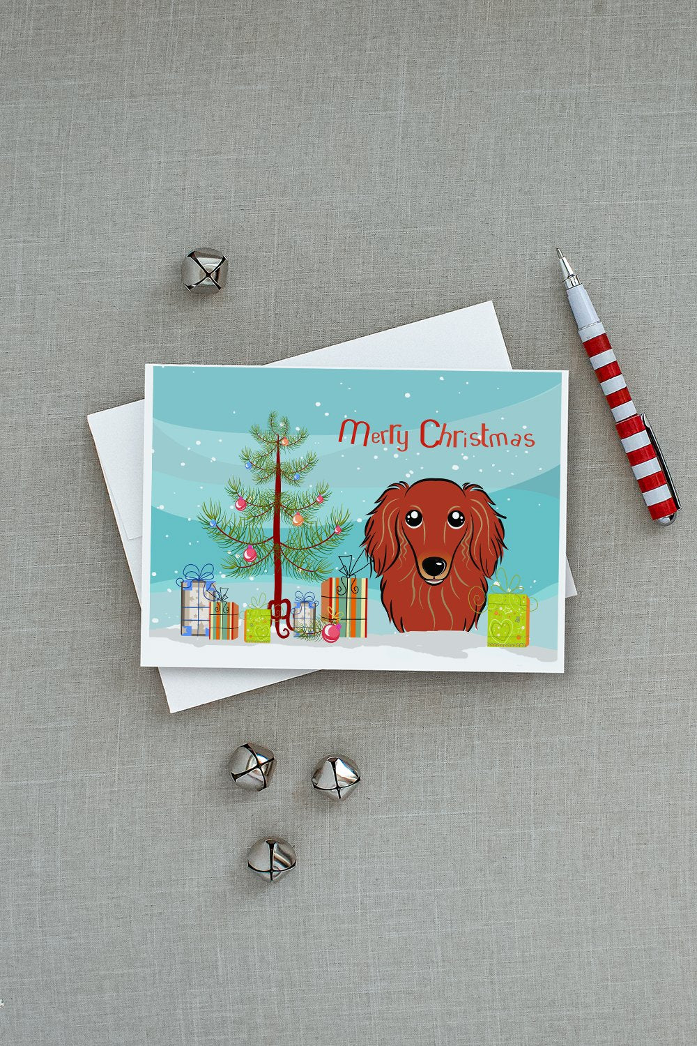 Christmas Tree and Longhair Red Dachshund Greeting Cards and Envelopes Pack of 8 - the-store.com