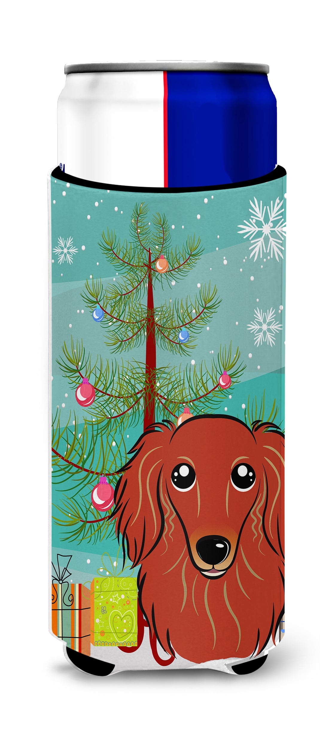 Christmas Tree and Longhair Red Dachshund Ultra Beverage Insulators for slim cans BB1586MUK  the-store.com.