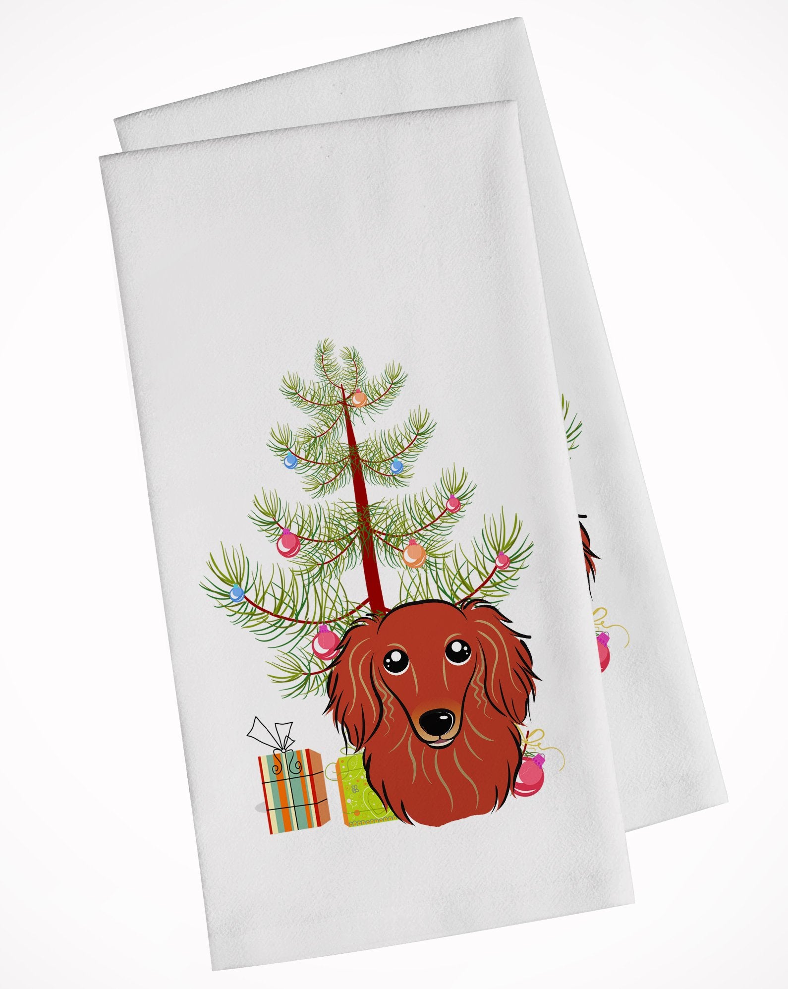 Christmas Tree and Longhair Red Dachshund White Kitchen Towel Set of 2 BB1586WTKT by Caroline's Treasures