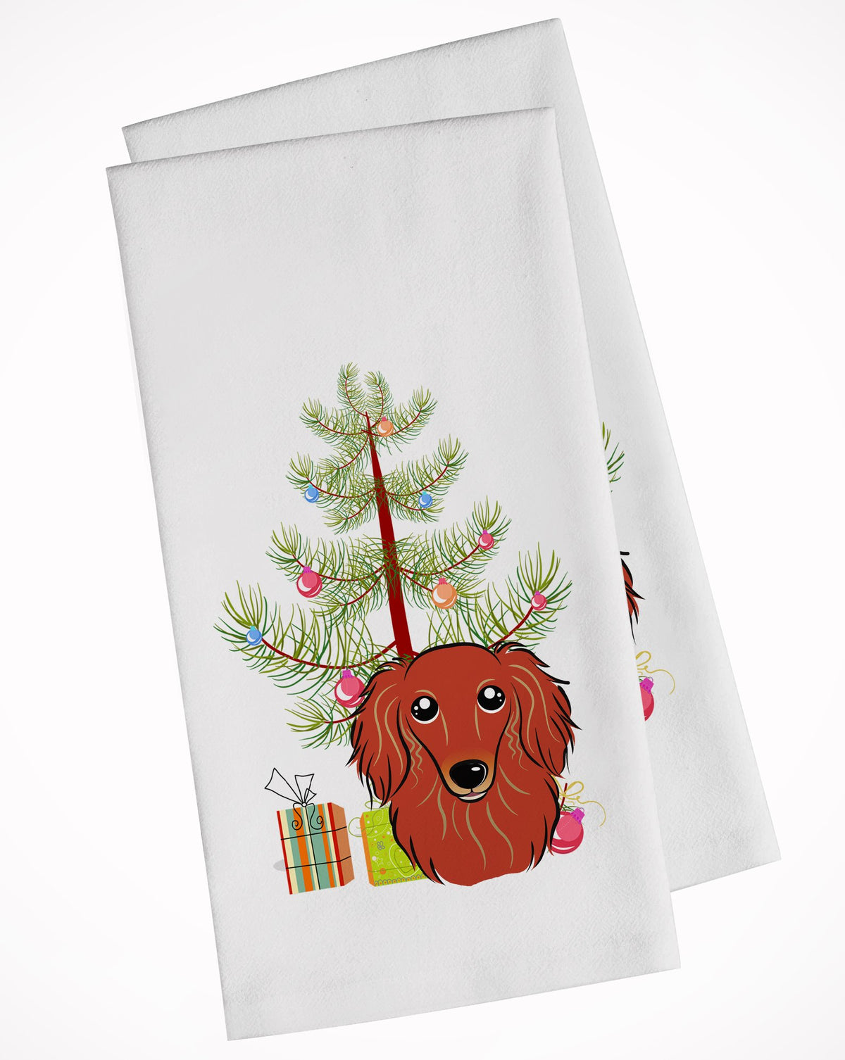 Christmas Tree and Longhair Red Dachshund White Kitchen Towel Set of 2 BB1586WTKT by Caroline&#39;s Treasures