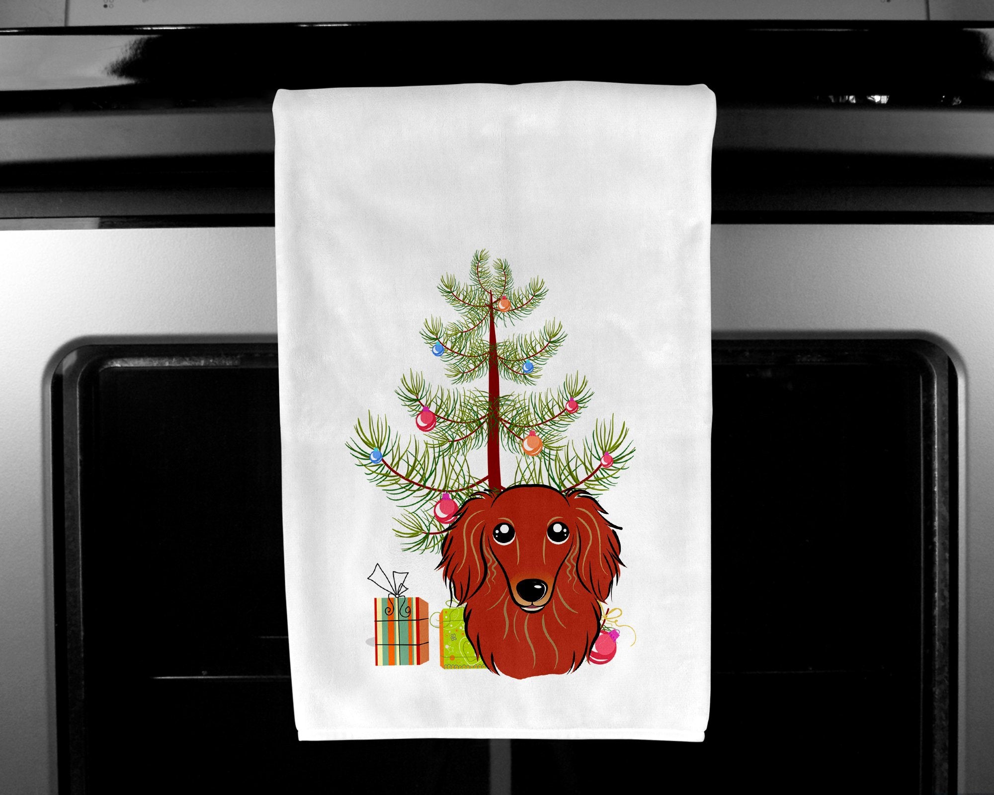 Christmas Tree and Longhair Red Dachshund White Kitchen Towel Set of 2 BB1586WTKT by Caroline's Treasures