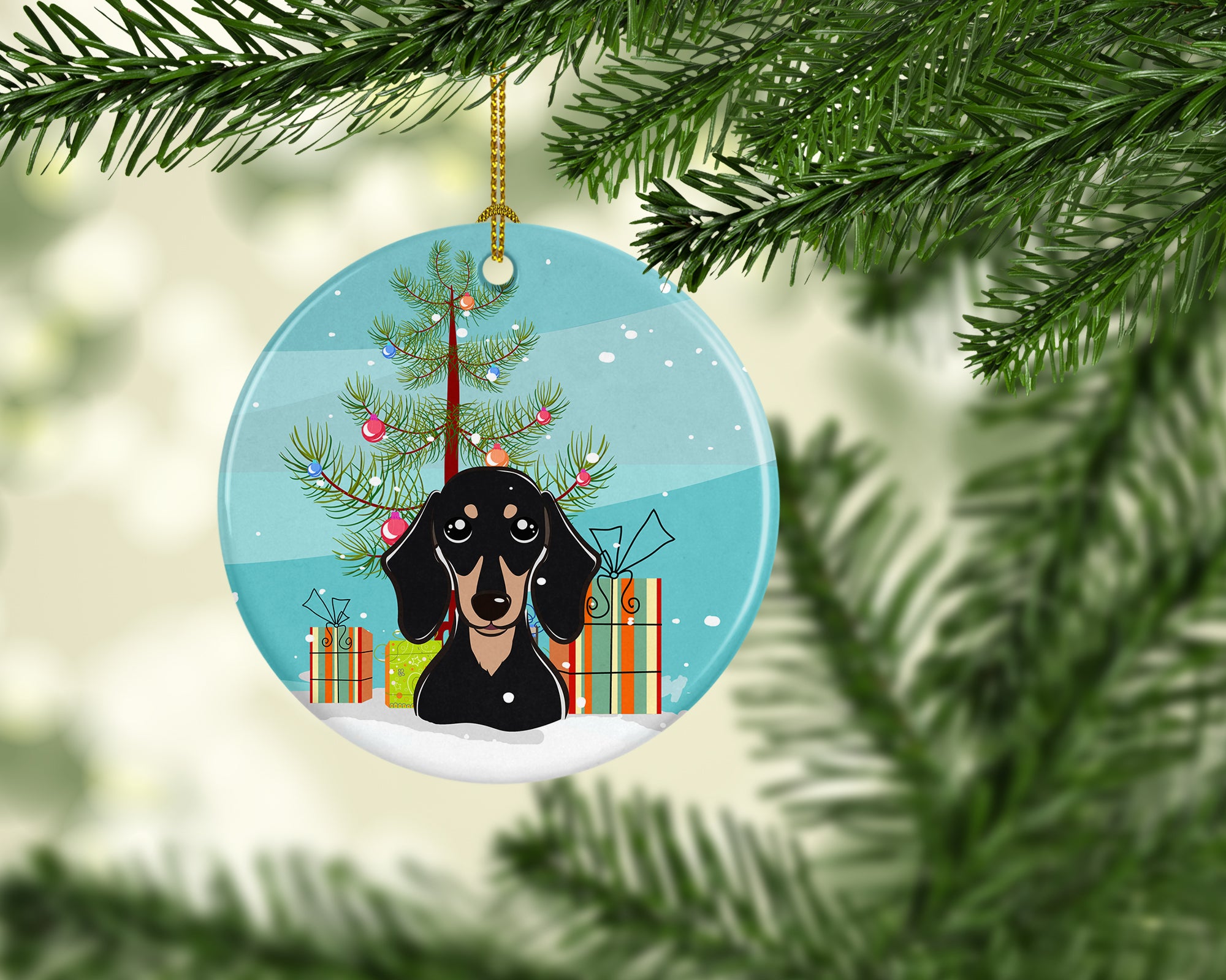 Christmas Tree and Smooth Black and Tan Dachshund Ceramic Ornament BB1587CO1 - the-store.com