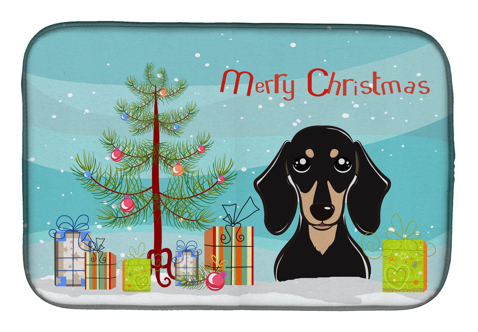 Christmas Tree and Smooth Black and Tan Dachshund Dish Drying Mat BB1587DDM  the-store.com.
