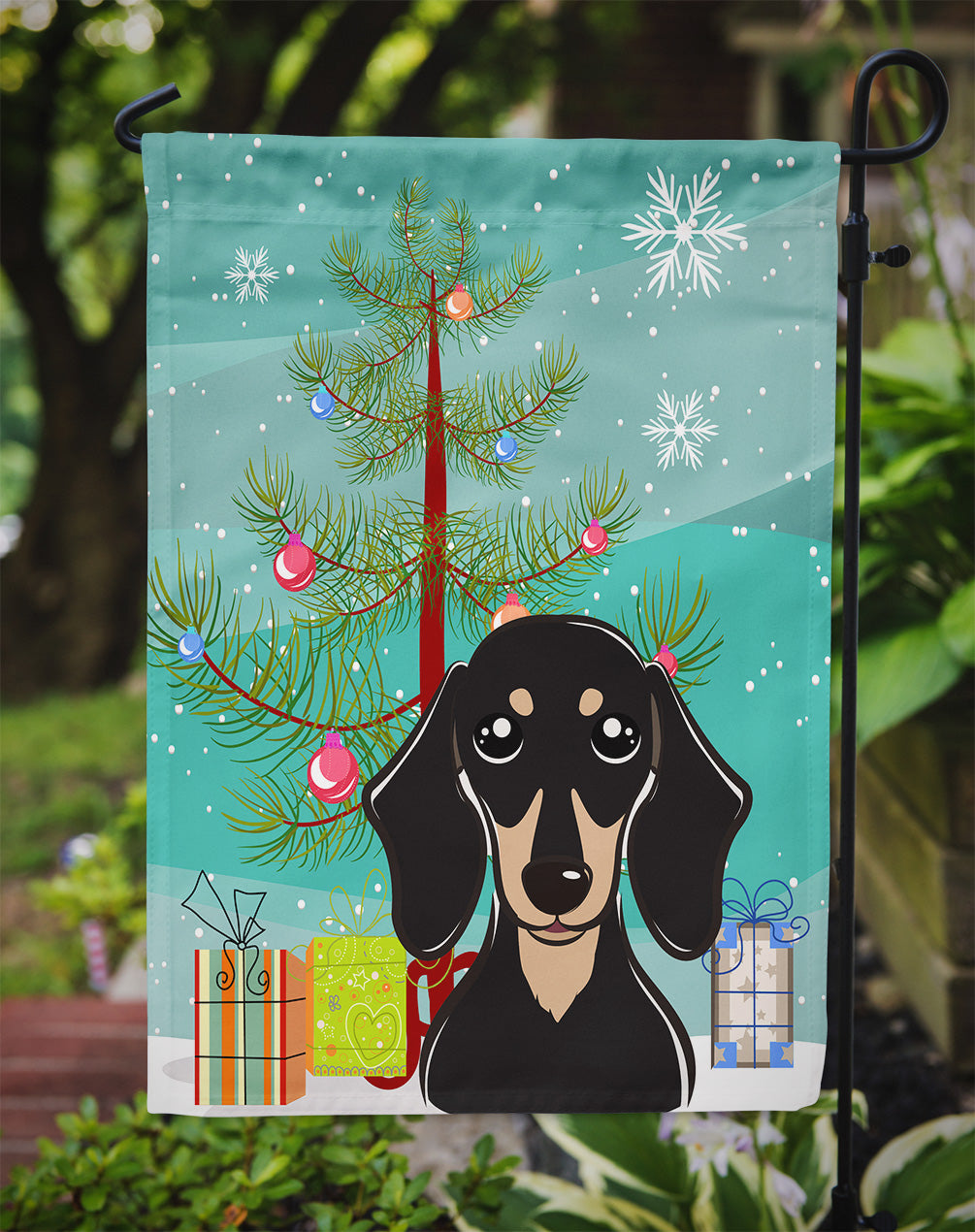 Christmas Tree and Smooth Black and Tan Dachshund Flag Garden Size BB1587GF