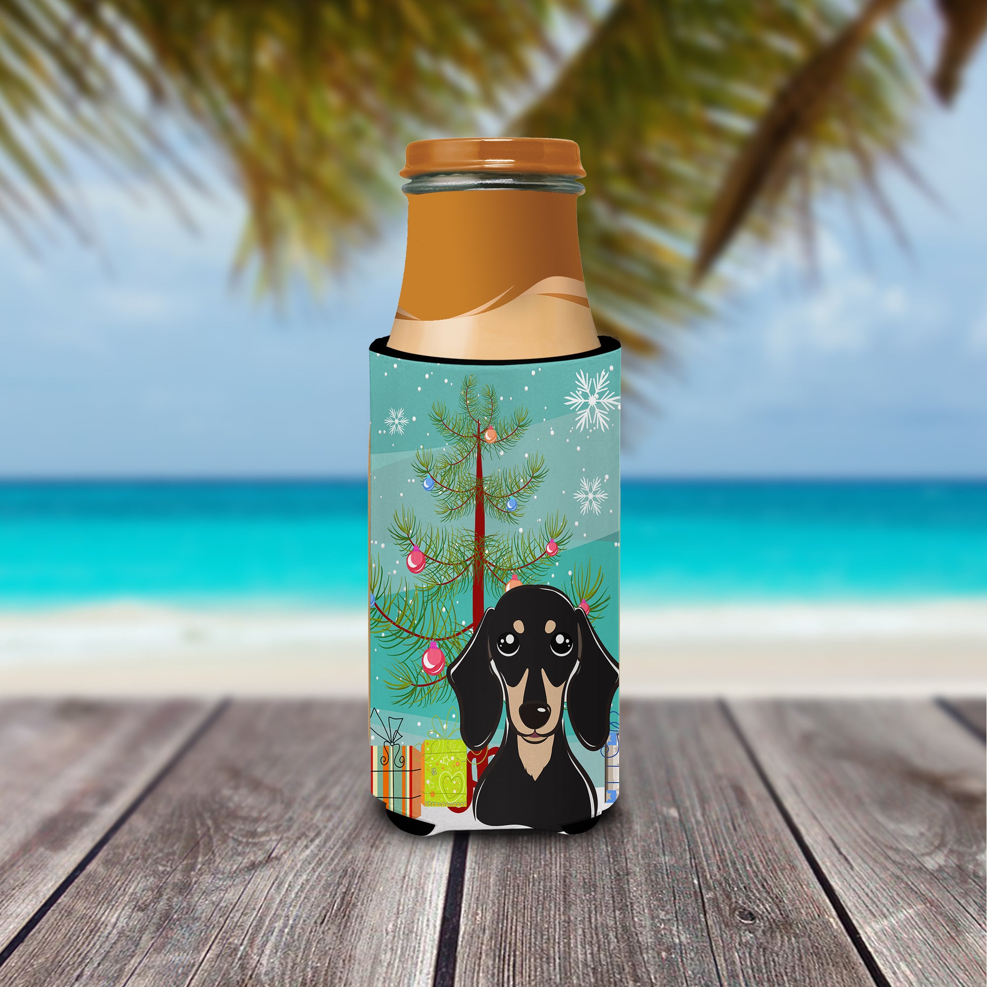 Christmas Tree and Smooth Black and Tan Dachshund Ultra Beverage Insulators for slim cans BB1587MUK  the-store.com.