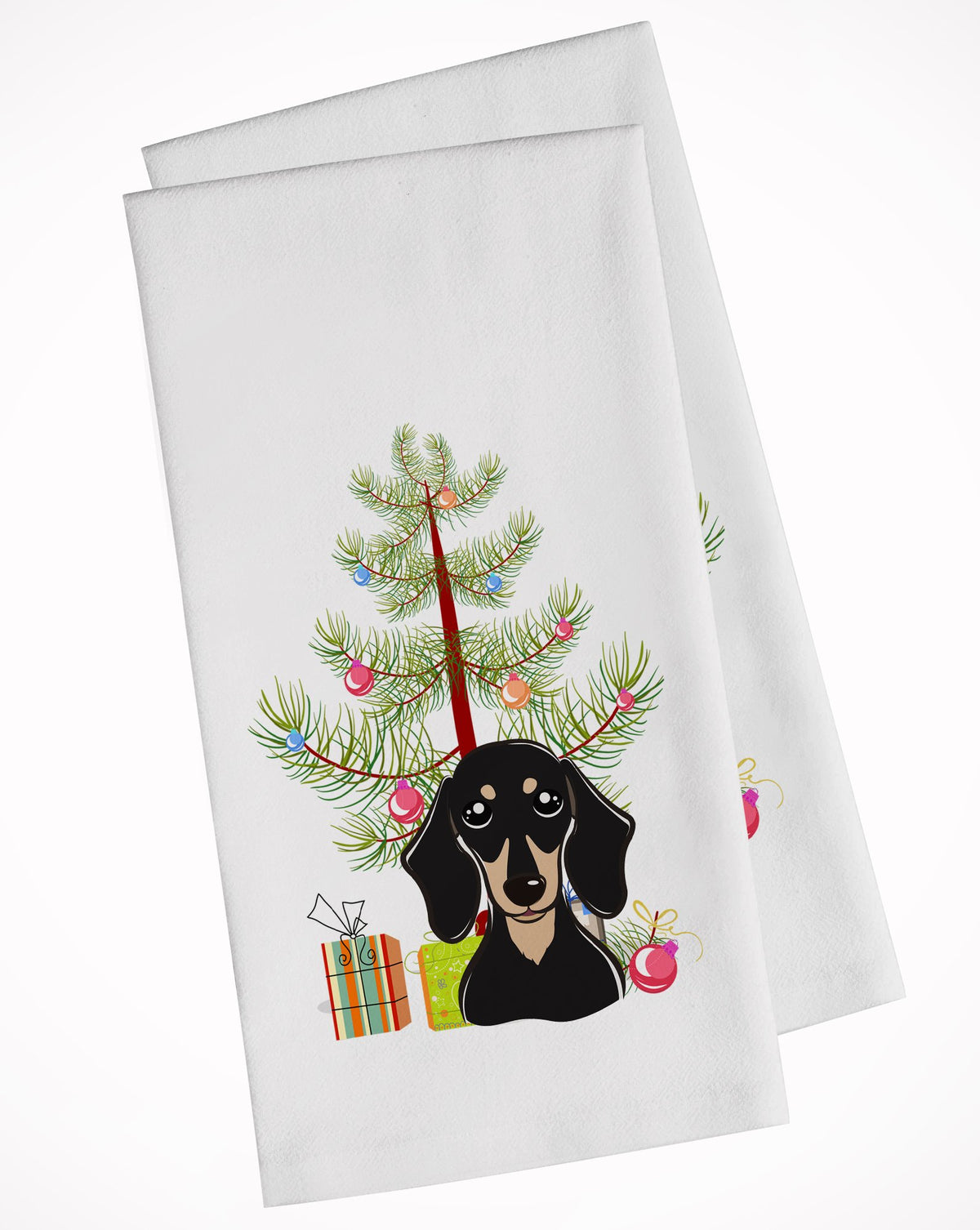 Christmas Tree and Smooth Black and Tan Dachshund White Kitchen Towel Set of 2 BB1587WTKT by Caroline&#39;s Treasures