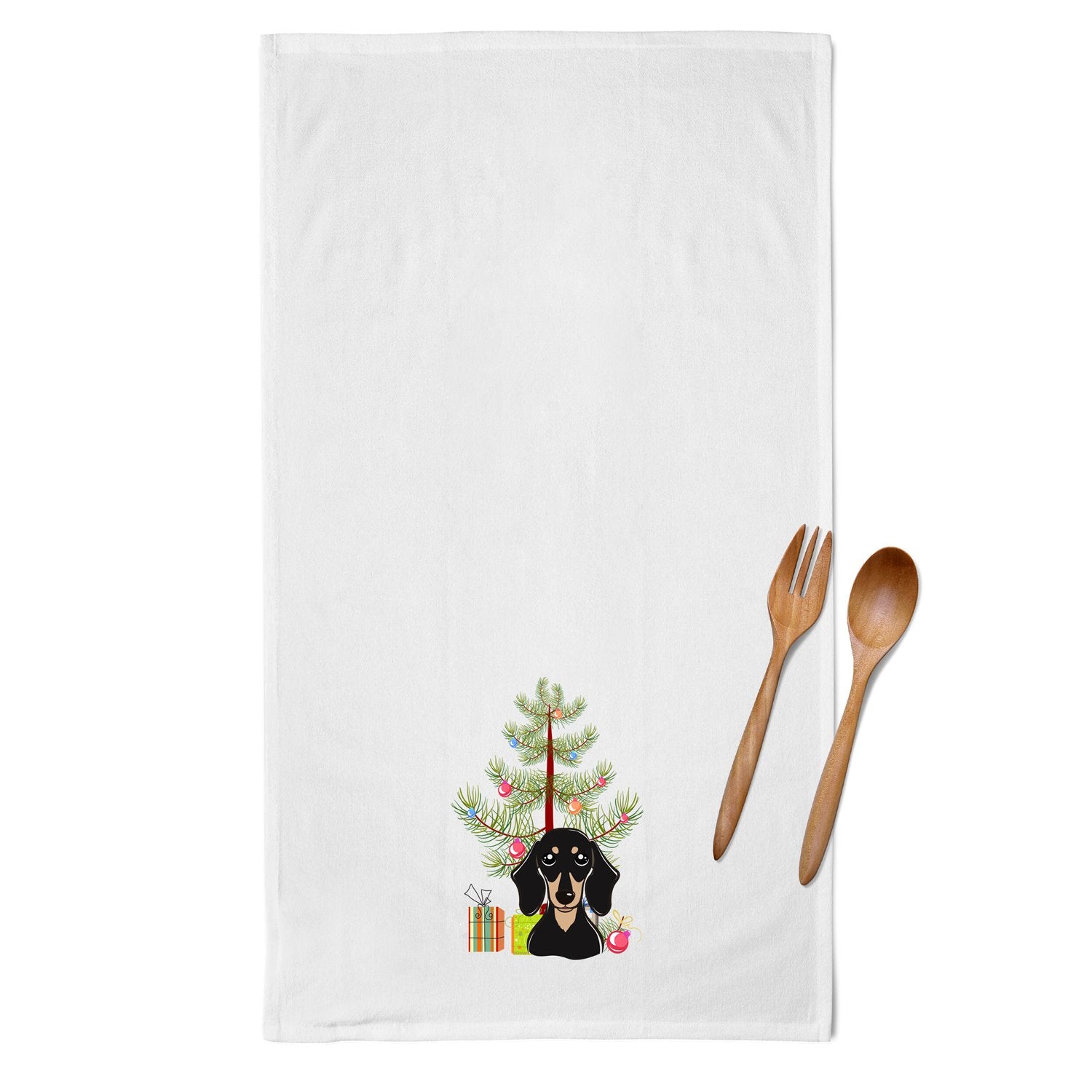 Christmas Tree and Smooth Black and Tan Dachshund White Kitchen Towel Set of 2 BB1587WTKT by Caroline's Treasures