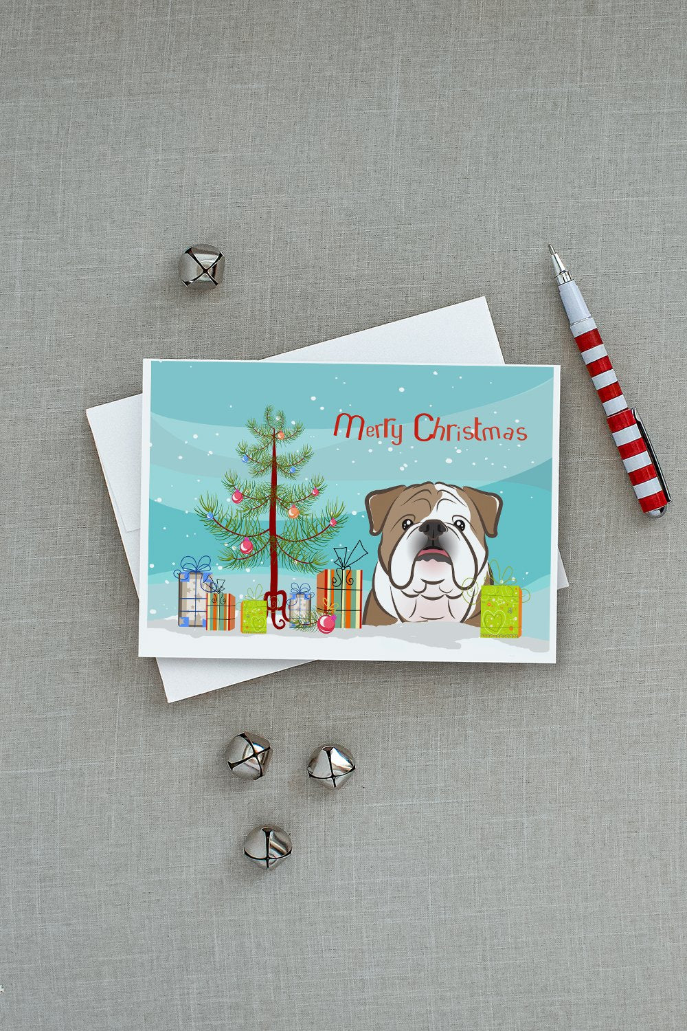 Christmas Tree and English Bulldog  Greeting Cards and Envelopes Pack of 8 - the-store.com