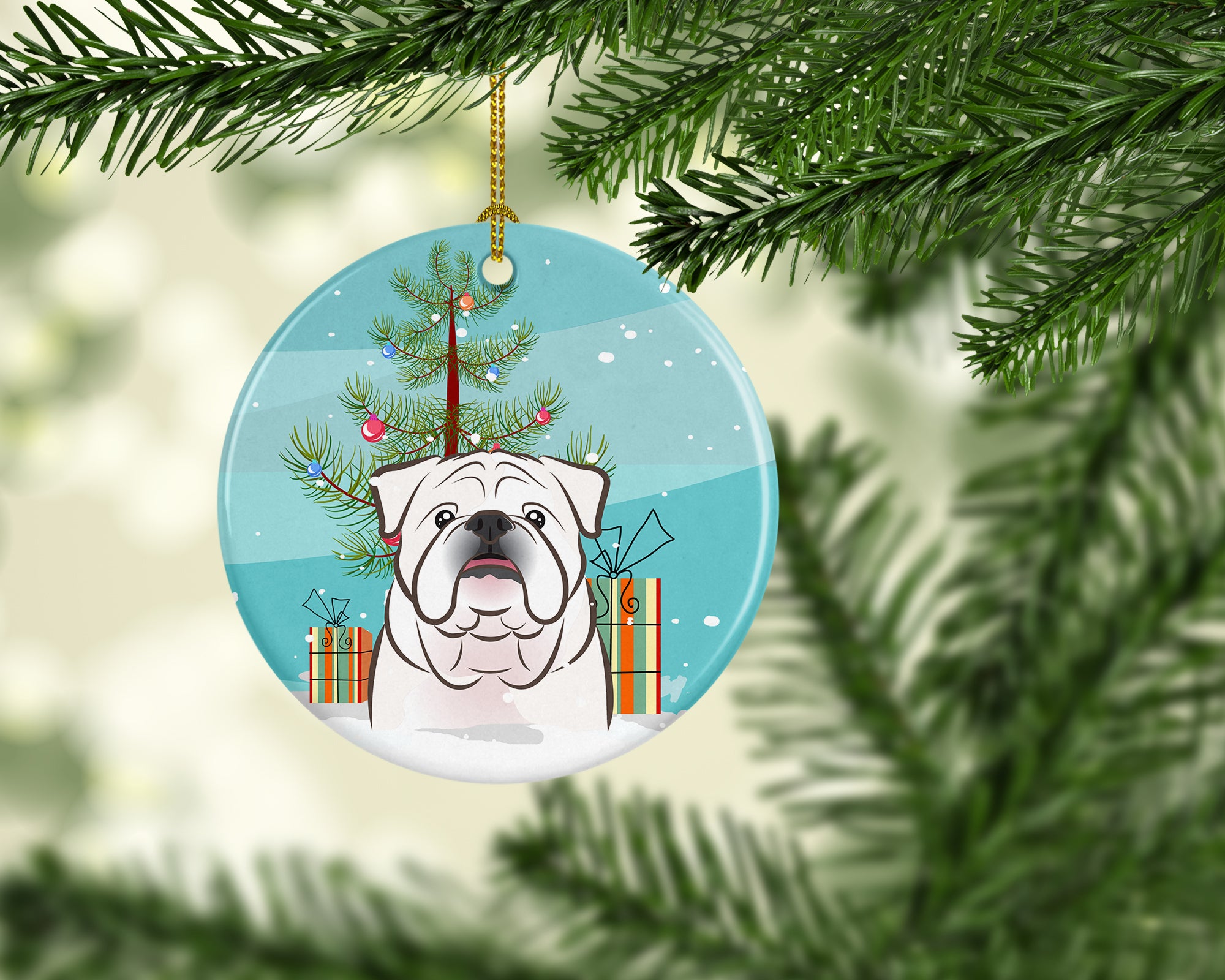 Christmas Tree and White English Bulldog  Ceramic Ornament BB1592CO1 - the-store.com