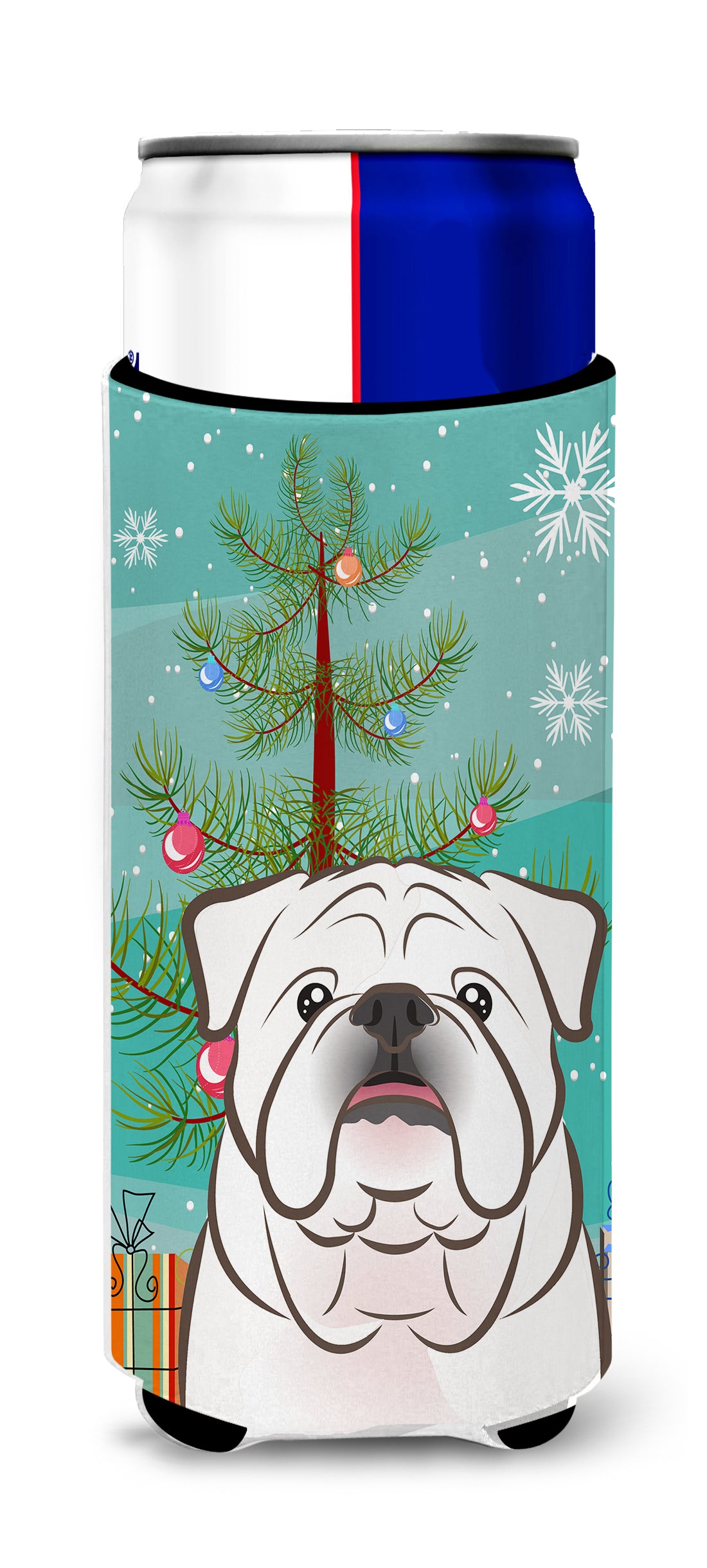 Christmas Tree and White English Bulldog  Ultra Beverage Insulators for slim cans BB1592MUK  the-store.com.
