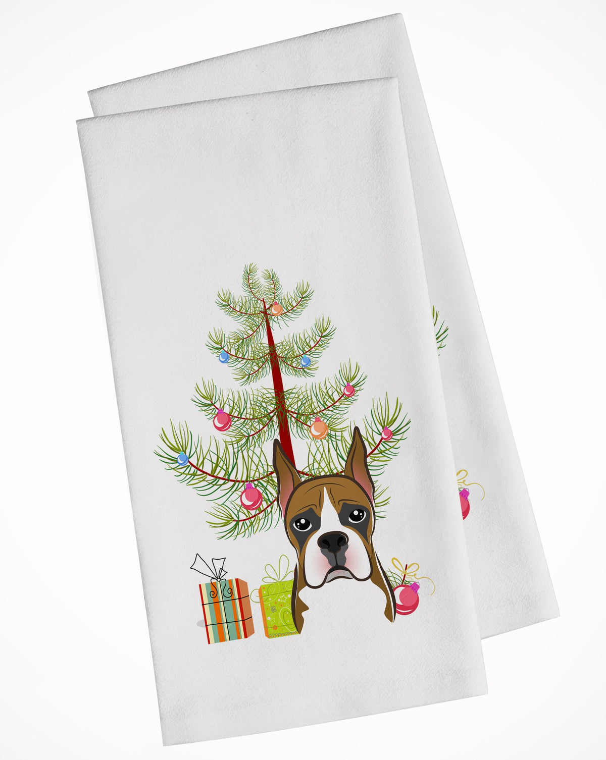 Christmas Tree and Boxer White Kitchen Towel Set of 2 BB1595WTKT by Caroline&#39;s Treasures